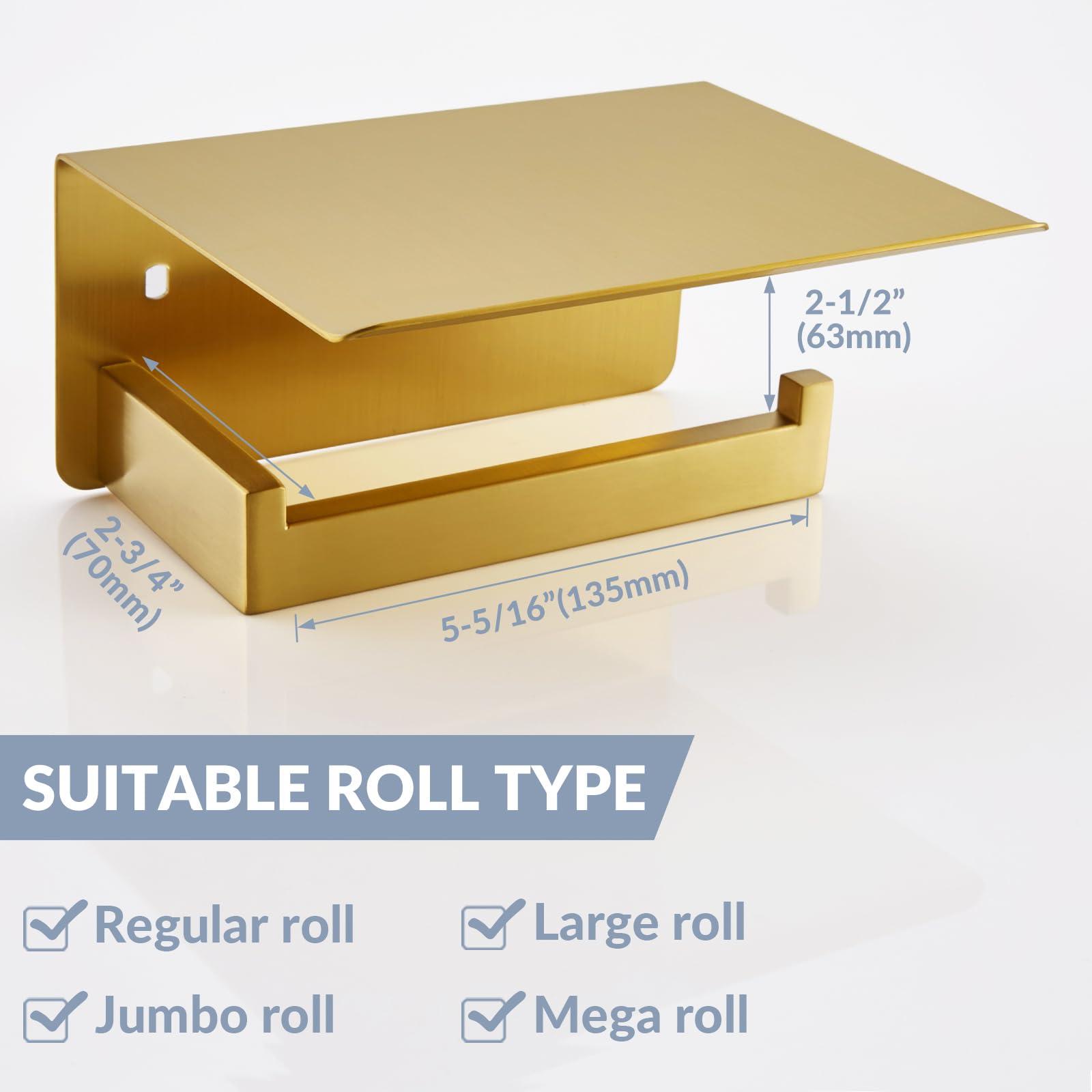 Modern Brushed Gold Toilet Paper Holder with Shelf - APLusee SUS 304 Stainless Steel Bathroom Tissue Roll Dispenser & Storage Organizer - Perfect for Contemporary Bathrooms, Powder Rooms, and Guest Baths