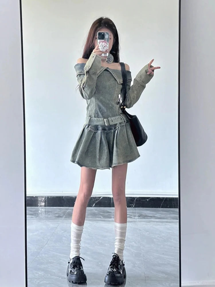 Vintage Chic Slash Neck Long Sleeve Mini Denim Dress for Women - Washed Casual Spring Fashion - Perfect for Date Night, Brunch & Weekend Outings