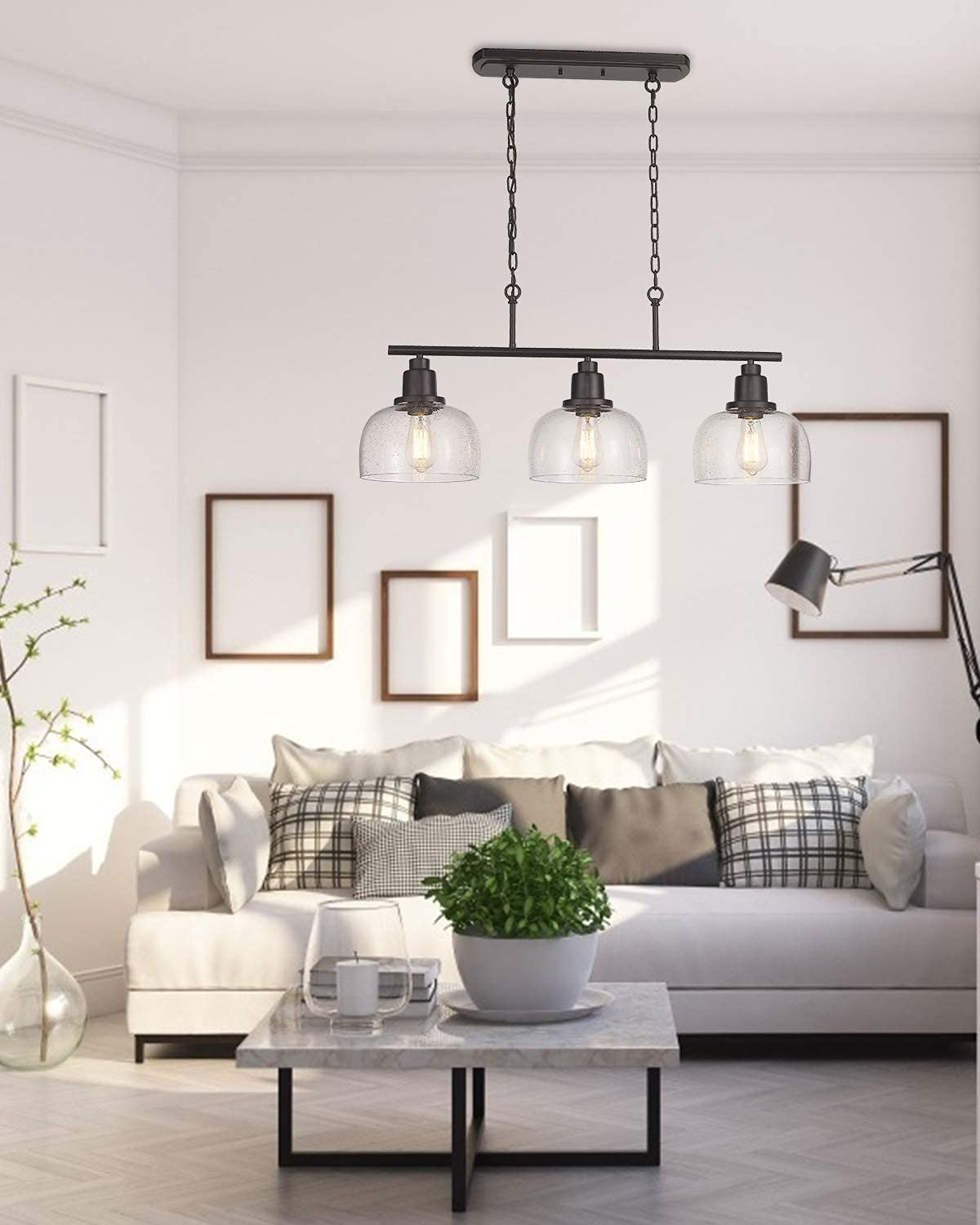 EAPUDEN 3-Light Linear Chandelier & 2-Light Farmhouse Ceiling Light in Oil Rubbed Bronze with Seeded Glass - Modern Kitchen Island Lighting, Dining Room, Foyer, Hallway, Entryway - Perfect for Farmhouse, Rustic & Industrial Home Decor