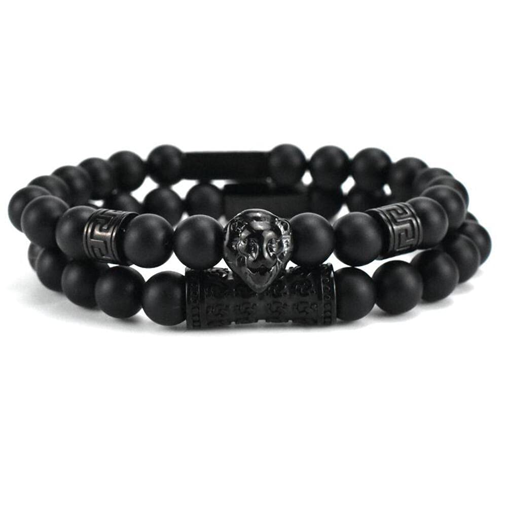 Authentic Man-Ique's Handmade Kopa Lion Beaded Bracelet Set - 2 Piece Adjustable Beaded Bracelets with Lion Charm for Women & Men - Gift Ready with Polished Drawer Box - Perfect for Casual Wear, Gifts & Spiritual Protection