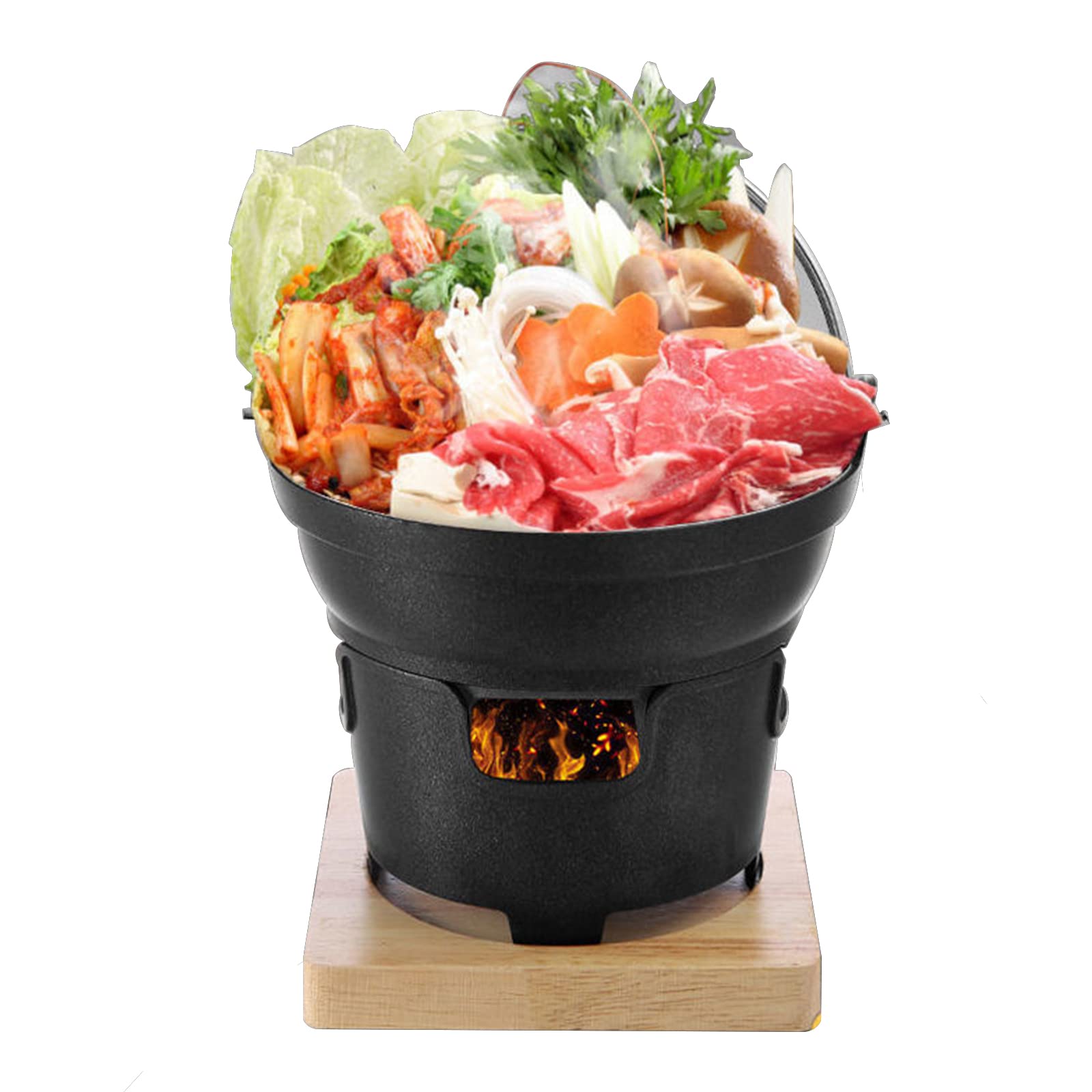 Premium Japanese Style Sukiyaki Hot Pot & Shabu Shabu Pot - 16cm Cast Iron Roasting Pan with Wooden Lid, Cooking Stove & Serving Tray - Perfect for Home Dining, Party Entertaining & Asian Cuisine Cooking