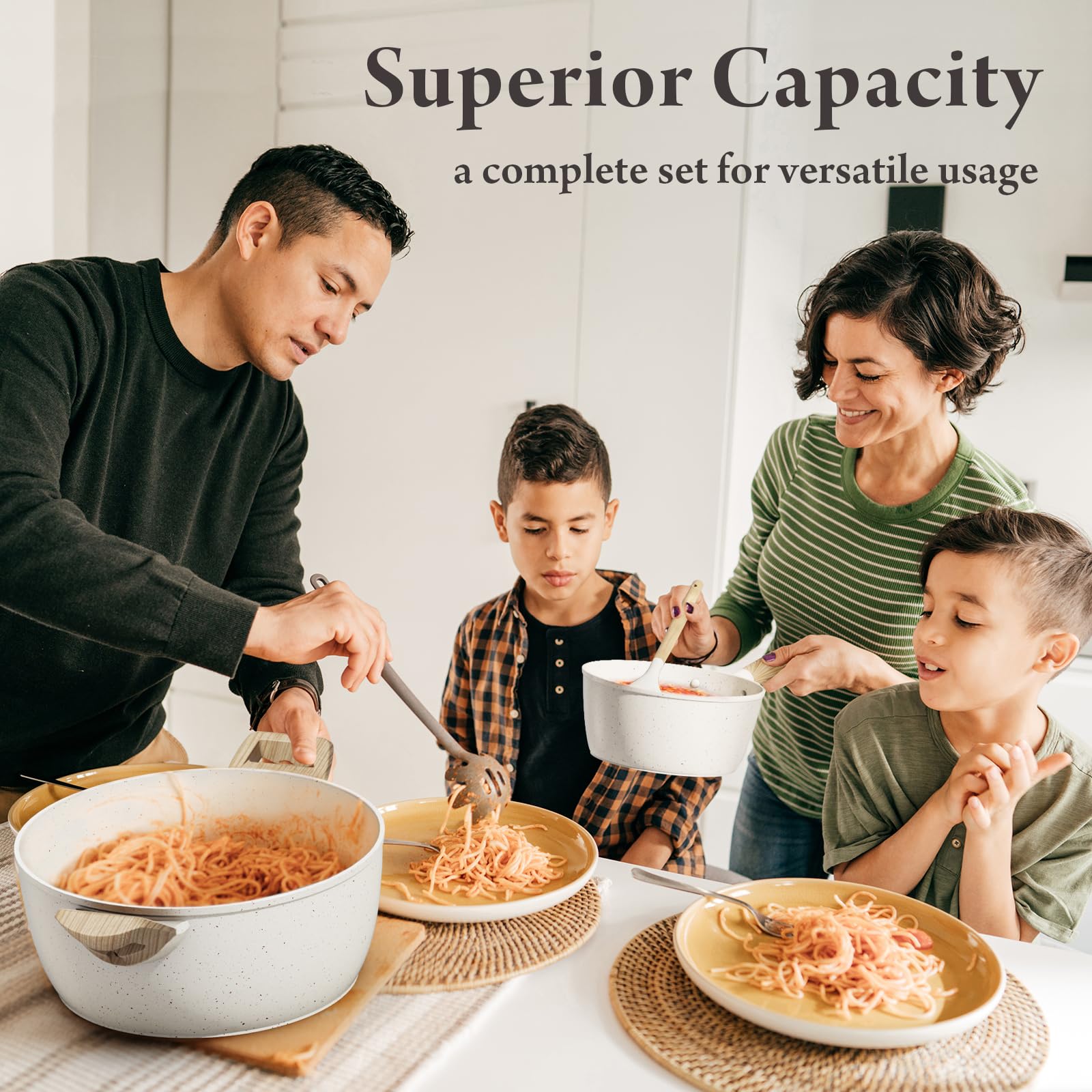14-Piece Nonstick Ceramic Cookware Set - Large Capacity Pots and Pans with Utensils, PTFE/PFOA/PFAS Free, Healthy Induction Safe Kitchenware in Cream White - Perfect for Family Cooking & Professional Chefs