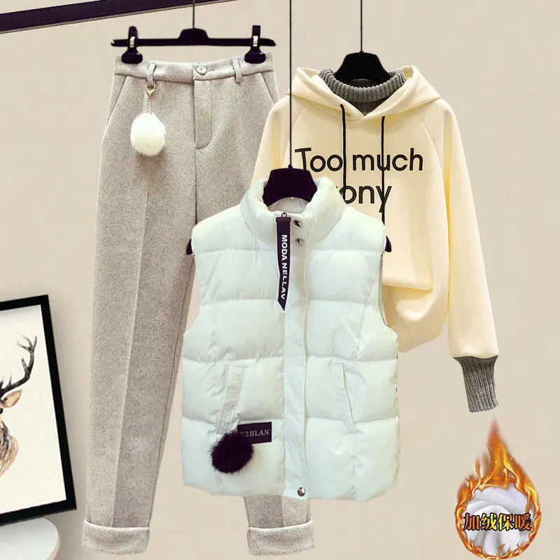 Stylish Women's 3-Piece Winter Outfit - Korean Thickened Hoodie, Casual Cotton Tank Top & Flocked Pants Set | Perfect for Sports, Travel & Daily Wear