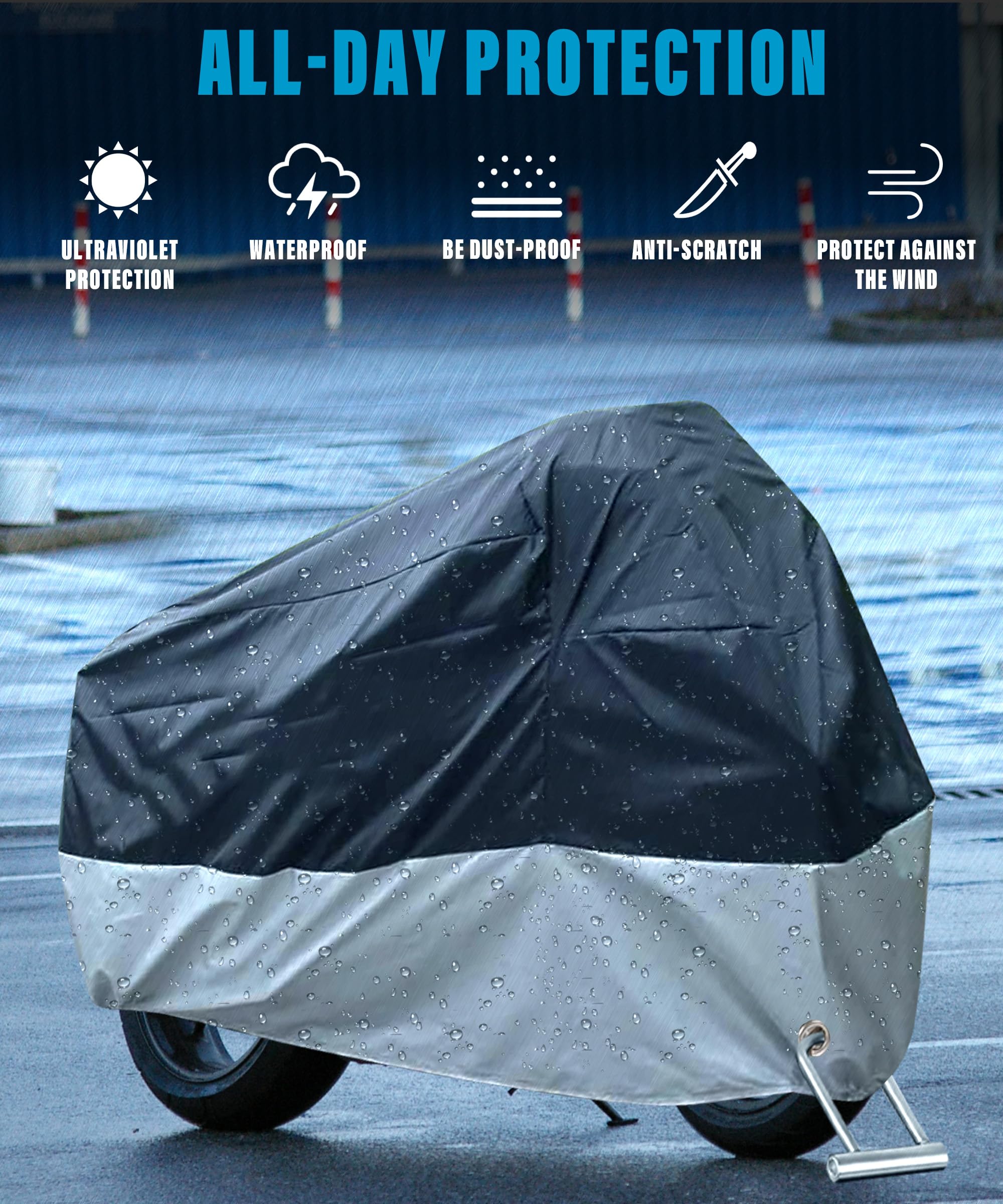 Waterproof Motorcycle Cover with Lock Holes & Storage Bag - Outdoor Use for Bikes up to 96.5