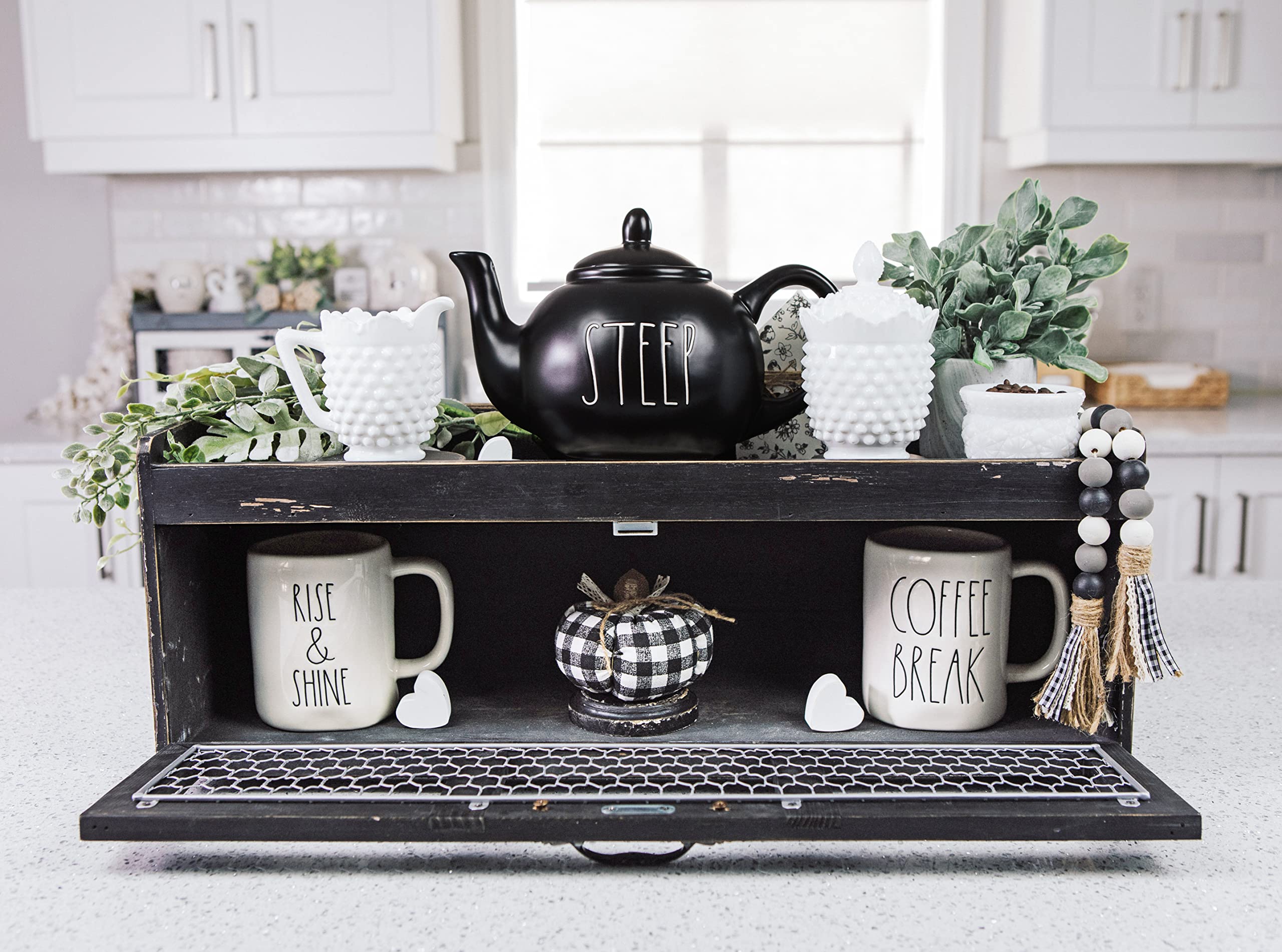 Rustic Black Chicken Wire Countertop Shelving Organizer - Farmhouse Kitchen Pantry Storage Cabinet - Decorative Display Shelf for Country Kitchen Island - Perfect for Organizing Spices, Cookbooks & Kitchen Essentials