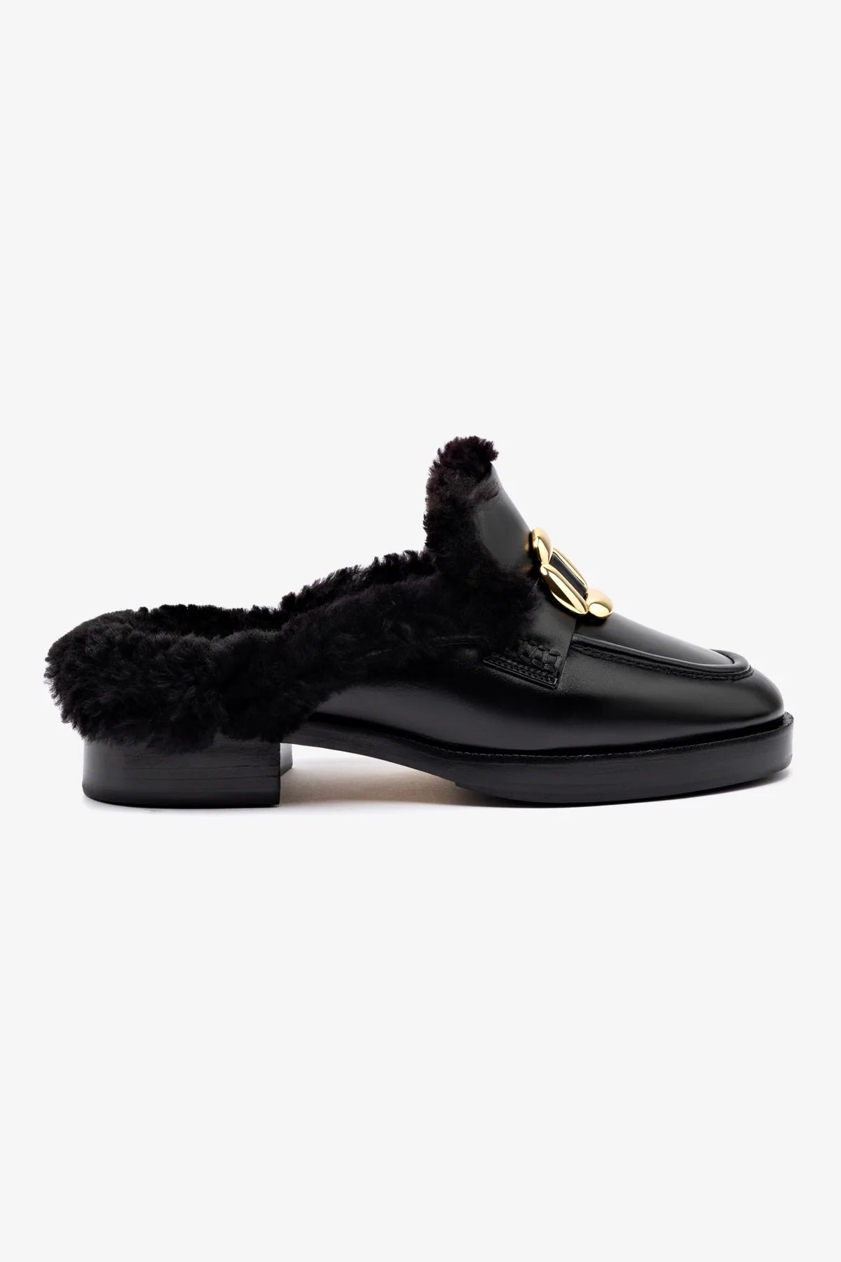 Bobbie Mule - Black Leather & Shearling Women's Winter Slippers - Cozy House Shoes for Indoor Comfort & Lounge Wear