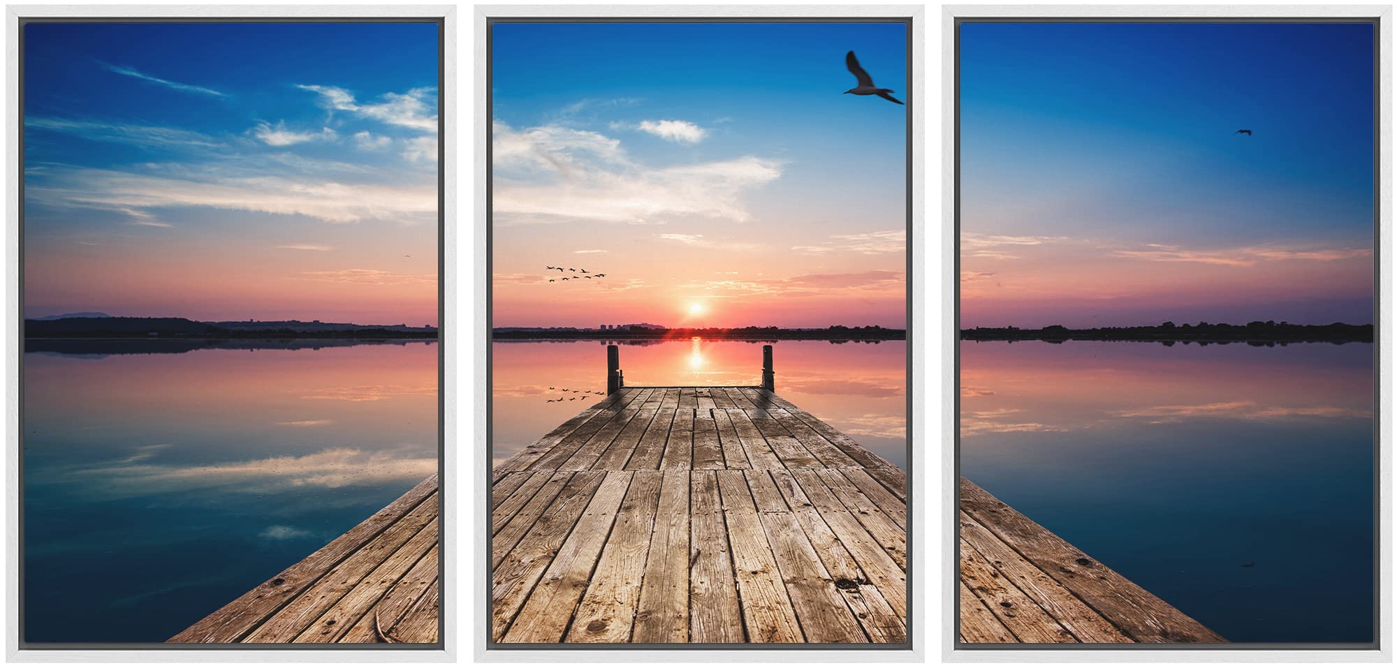 Wall26 Wooden Pier at Sunset Framed Canvas Wall Art - 24x36 Inches, 3-Panel White Modern Painting for Living Room, Bedroom & Office Decor