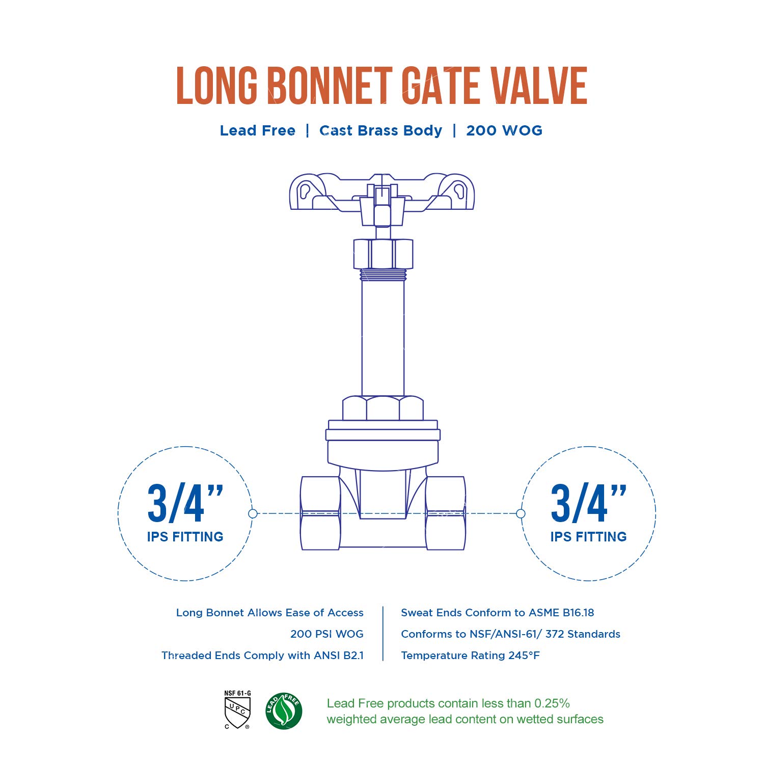 66564-5 Midline Valve 3/4 Inch FIP Long Bonnet Gate Valve - 5 Pack Cast Brass for Water & Gas Lines - Perfect for Plumbing, Irrigation & Industrial Applications