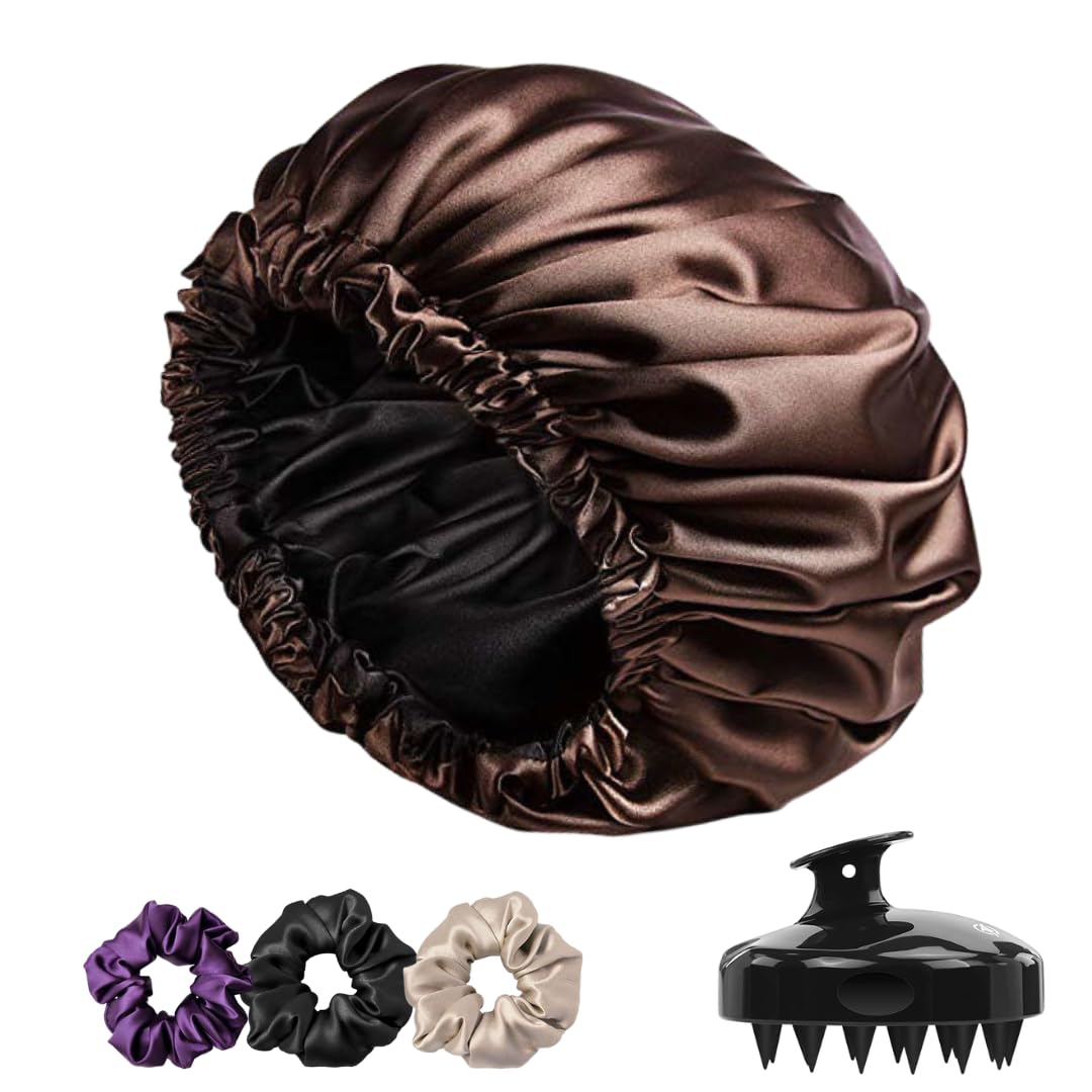 Atrube Satin Silk Bonnet for Curly Hair with Scalp Massager Brush - Adjustable Reversible Sleeping Cap for Women - Includes 3 Satin Scrunchies (Brown) - Perfect for Nighttime Hair Protection & Styling