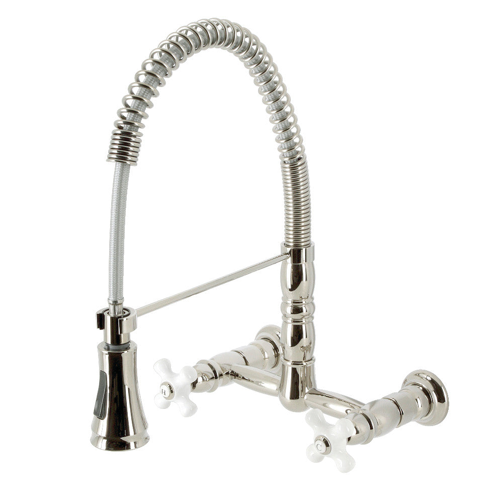 Gourmetier GS1243PX Heritage Two Handle Wall Mount Pull Down Sprayer Kitchen Faucet - Brushed Nickel Finish for Modern Farmhouse & Commercial Style Kitchens - Perfect for Cooking, Washing Dishes & Food Prep