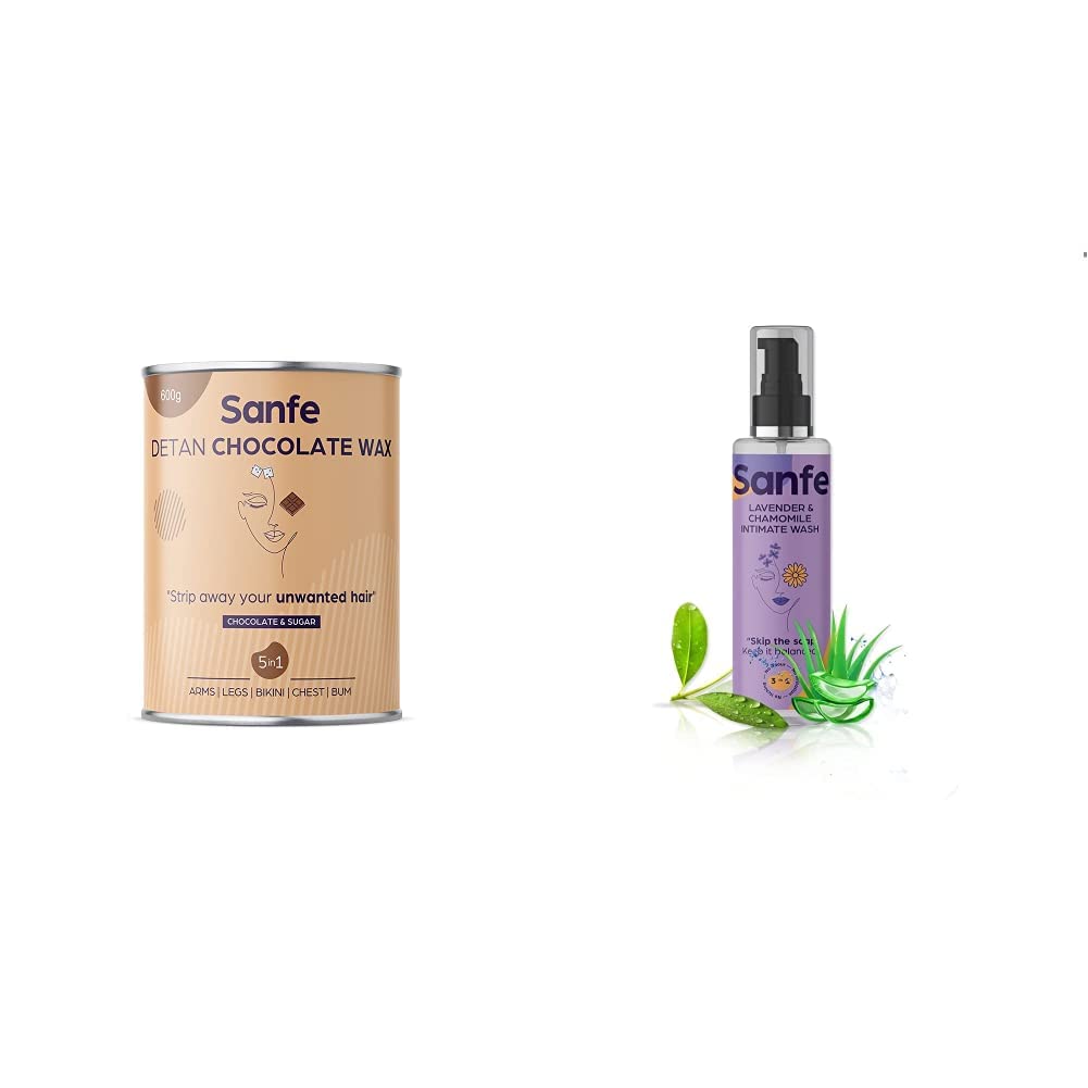 Sanfe Detan Chocolate Wax for Smooth Hair Removal - 600g with Natural Chocolate Extracts & Sanfe 3-in-1 Natural Intimate Wash (100ml, Lavender & Chamomile) | At-Home Hair Removal & Feminine Hygiene Care for Soft Skin