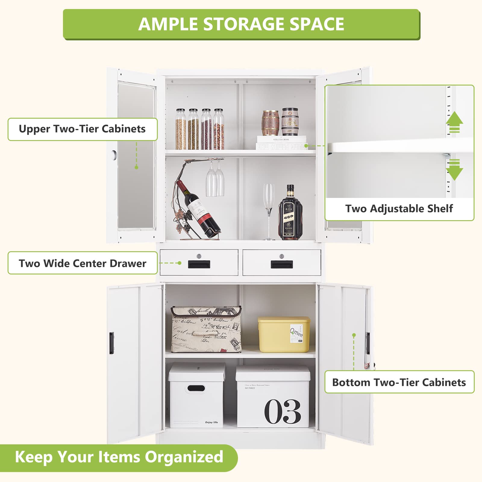 71'' Tall White Metal Storage Cabinet with Locking Doors & Adjustable Shelves - Freestanding Glass Display Cabinet for Kitchen Pantry, Living Room, or Office Organization