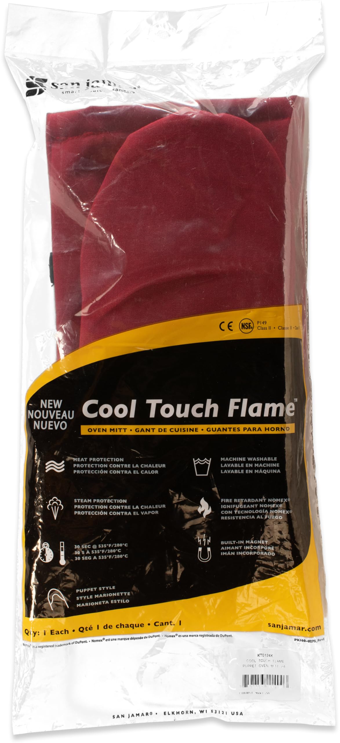 San Jamar KT0124K High Heat Resistant Oven Mitt - Flame Retardant Up to 900°F, 24-Inch Cool Touch Puppet for Baking, Grilling & BBQ - Red