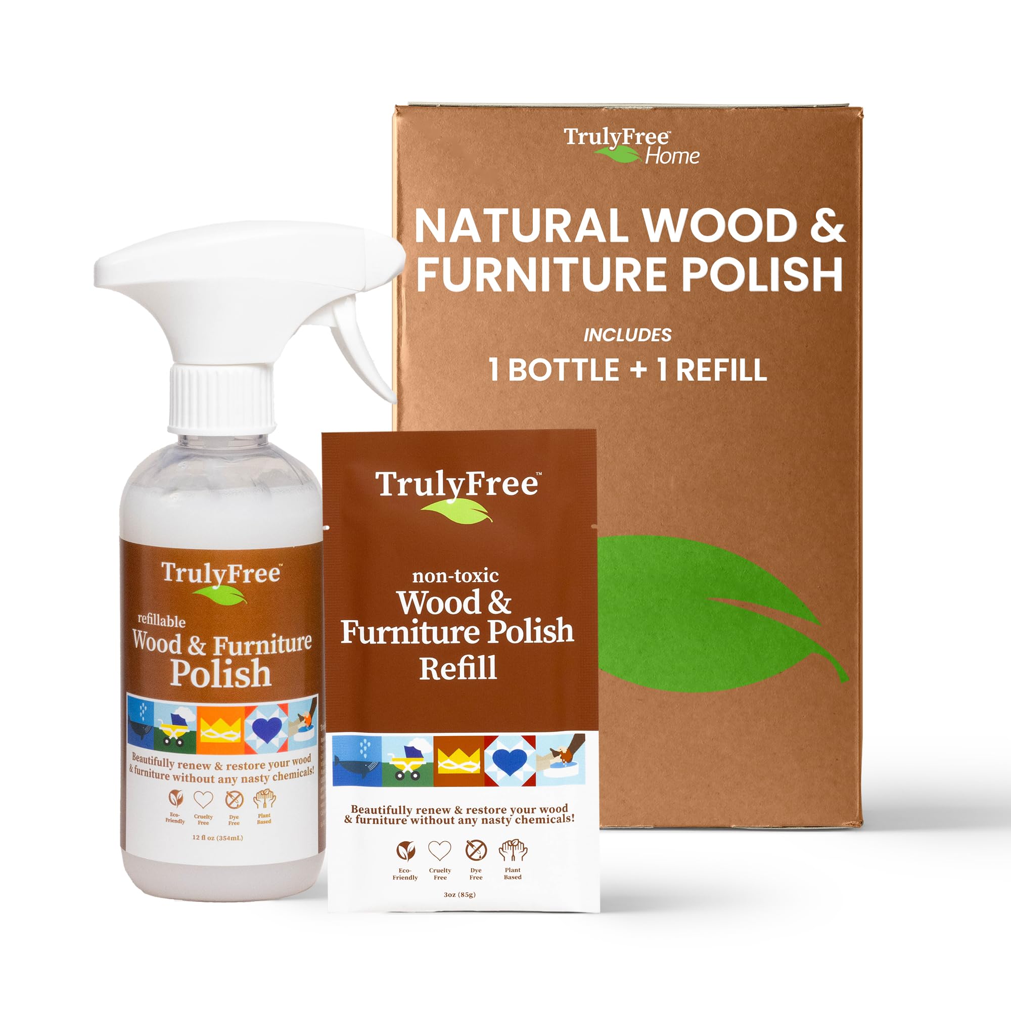 Natural Wood Cleaner & Furniture Polish - Leather Cleaner for Vinyl, Wood & Furniture, Water Stain Remover, Unscented - Includes 1 Refillable 12oz Bottle & 3oz Refill - Perfect for Home, Office & Car Interior Care