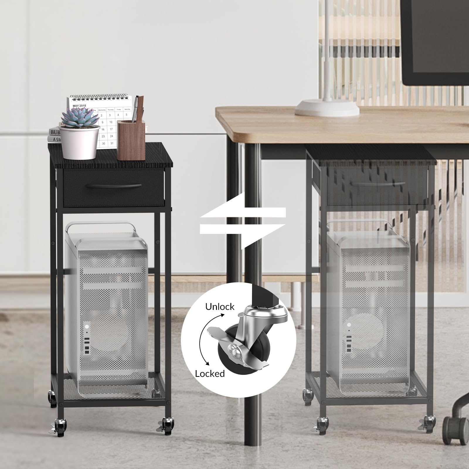 CADUKE 2 Tier PC Stand - Black Computer Tower Stand with Fabric Drawer & Wheels, Modern Printer Stand for Office & Home Use, Under Desk Organizer for Study Room & Gaming Setup