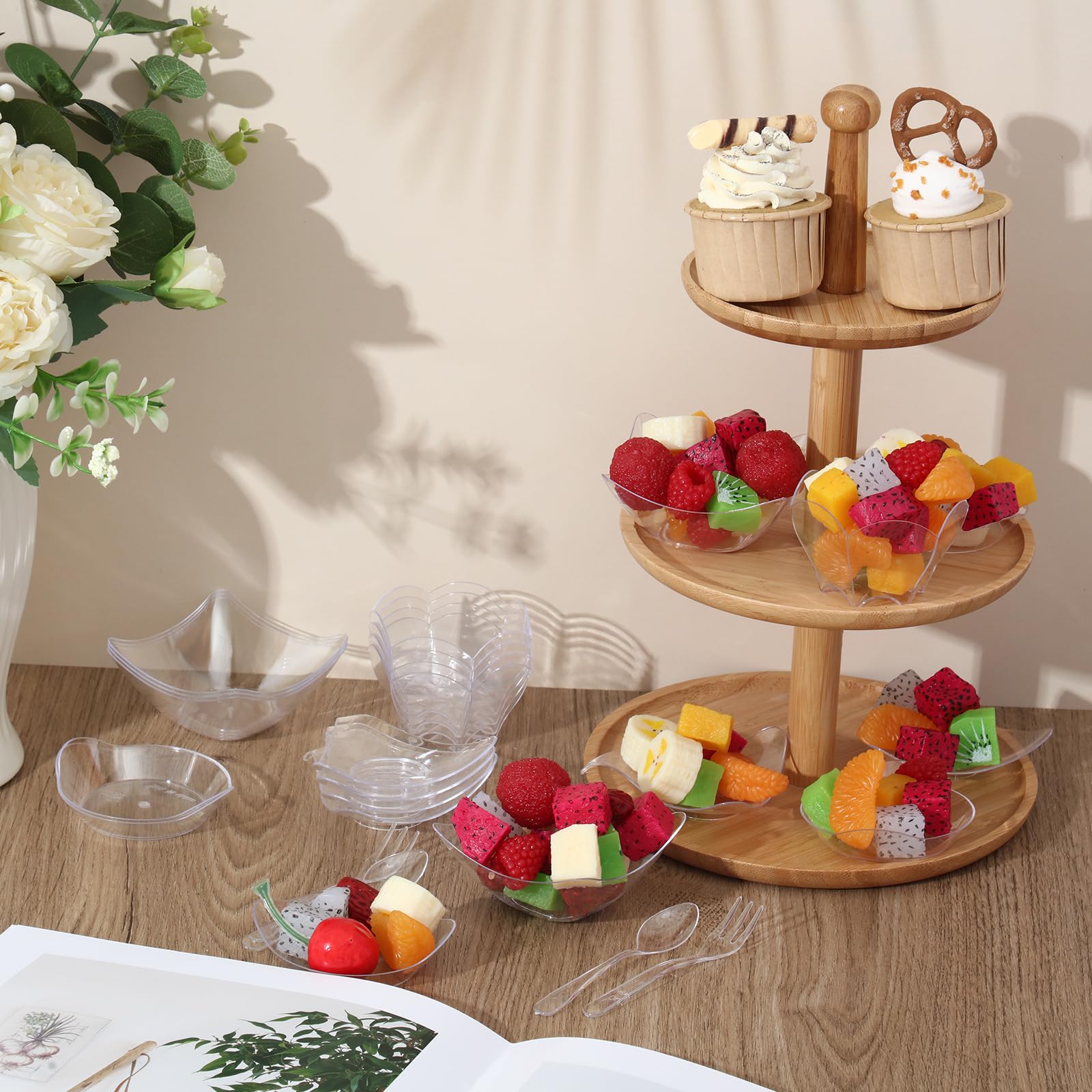 200 Pcs Clear Modern Mini Appetizer Plates with Disposable Spoons & Forks - Small Plastic Dessert Bowls & Individual Serving Trays for Parties, Weddings, Baby Showers & Catering Events