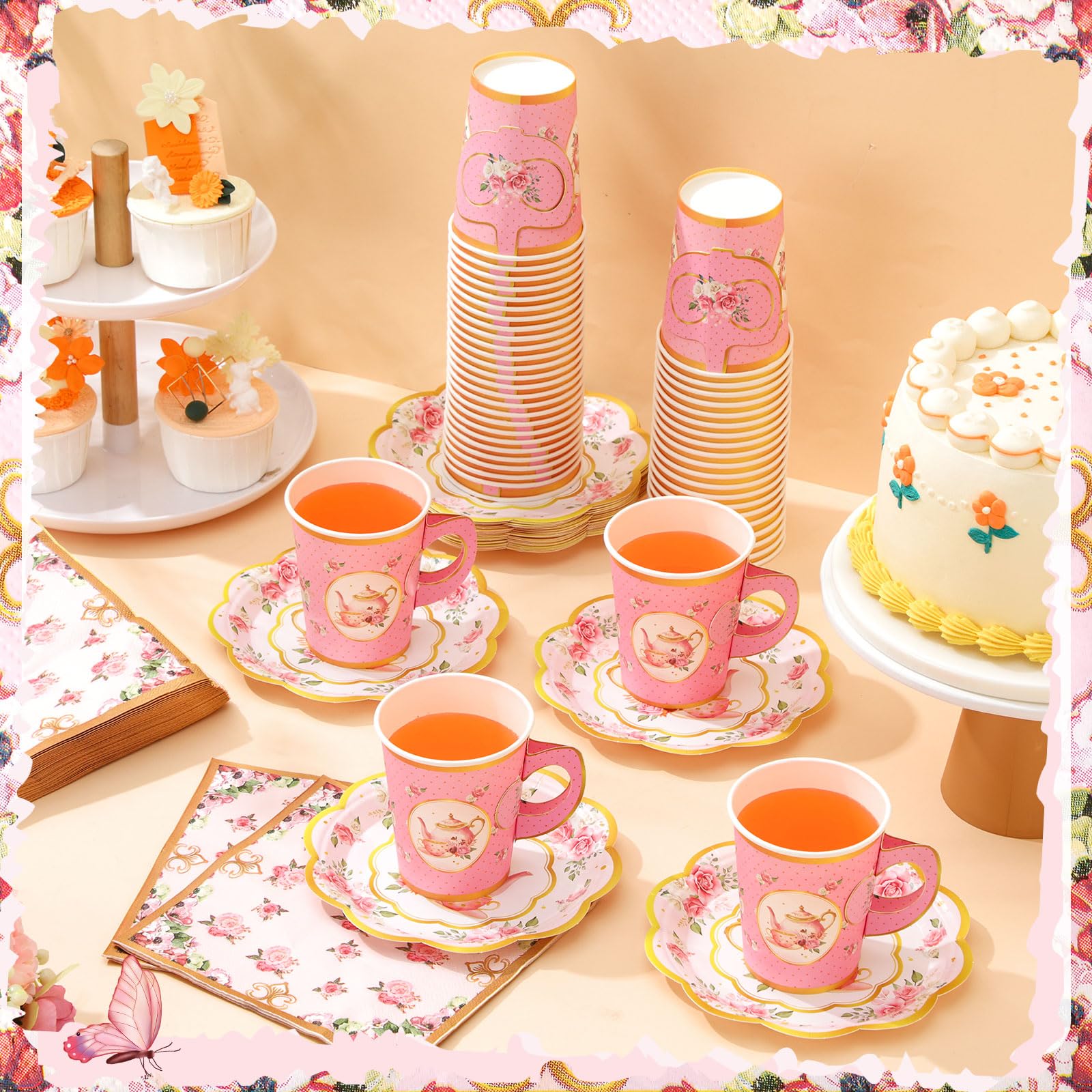Vesici 150-Piece Tea Party Decorations Set - 9 oz Disposable Paper Cups with Handles, Plates, Saucers & Napkins - Elegant Tea Party Supplies for Bridal Showers, Baby Showers & Birthday Parties (Includes Teapot Design)