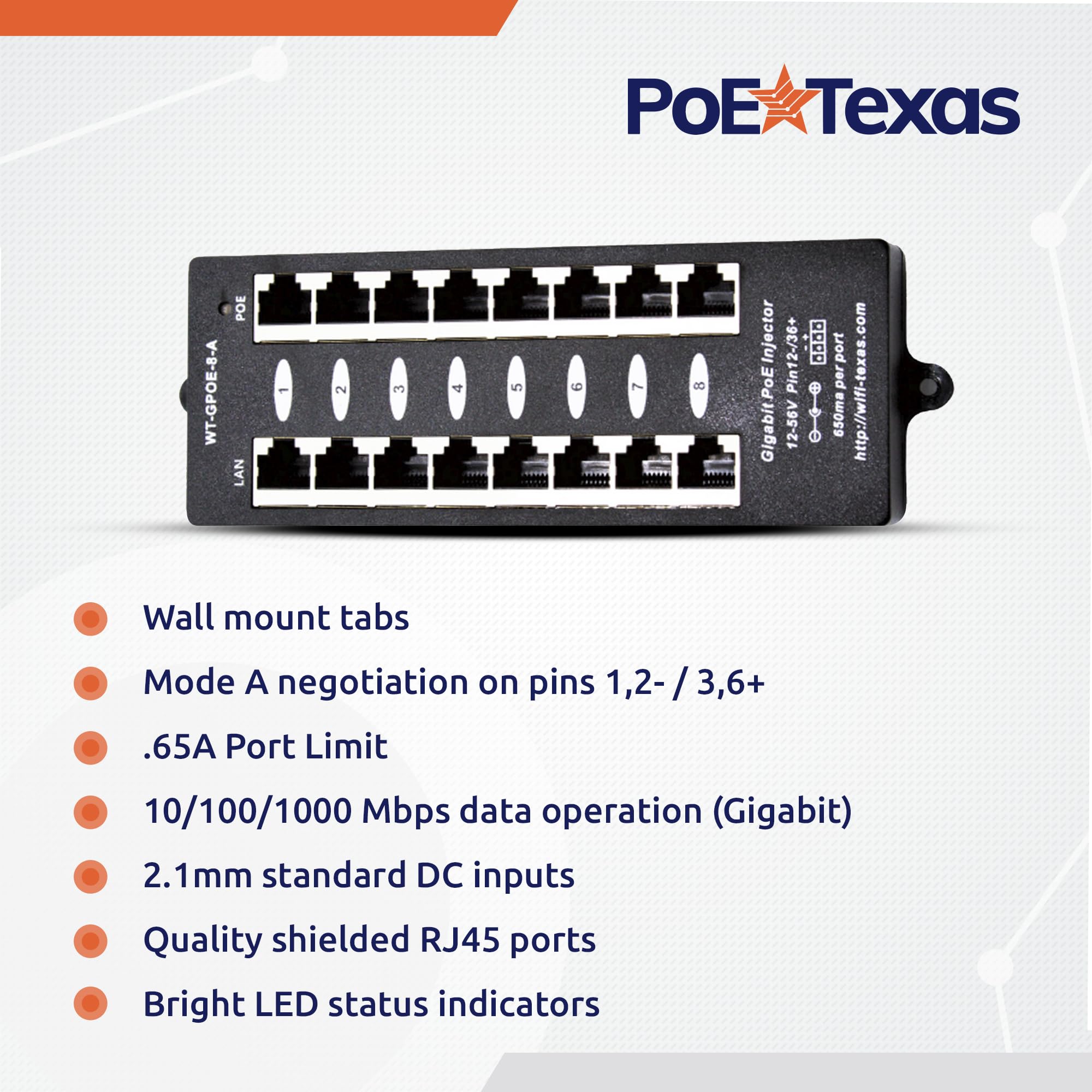 8 Port Gigabit Passive PoE Injector - 48V 120W Power Over Ethernet Midspan - Wall Mount for IP Cameras, WiFi Access Points & VoIP Phones - Compatible with Non-PoE Switches | Home Security & Office Network Setup