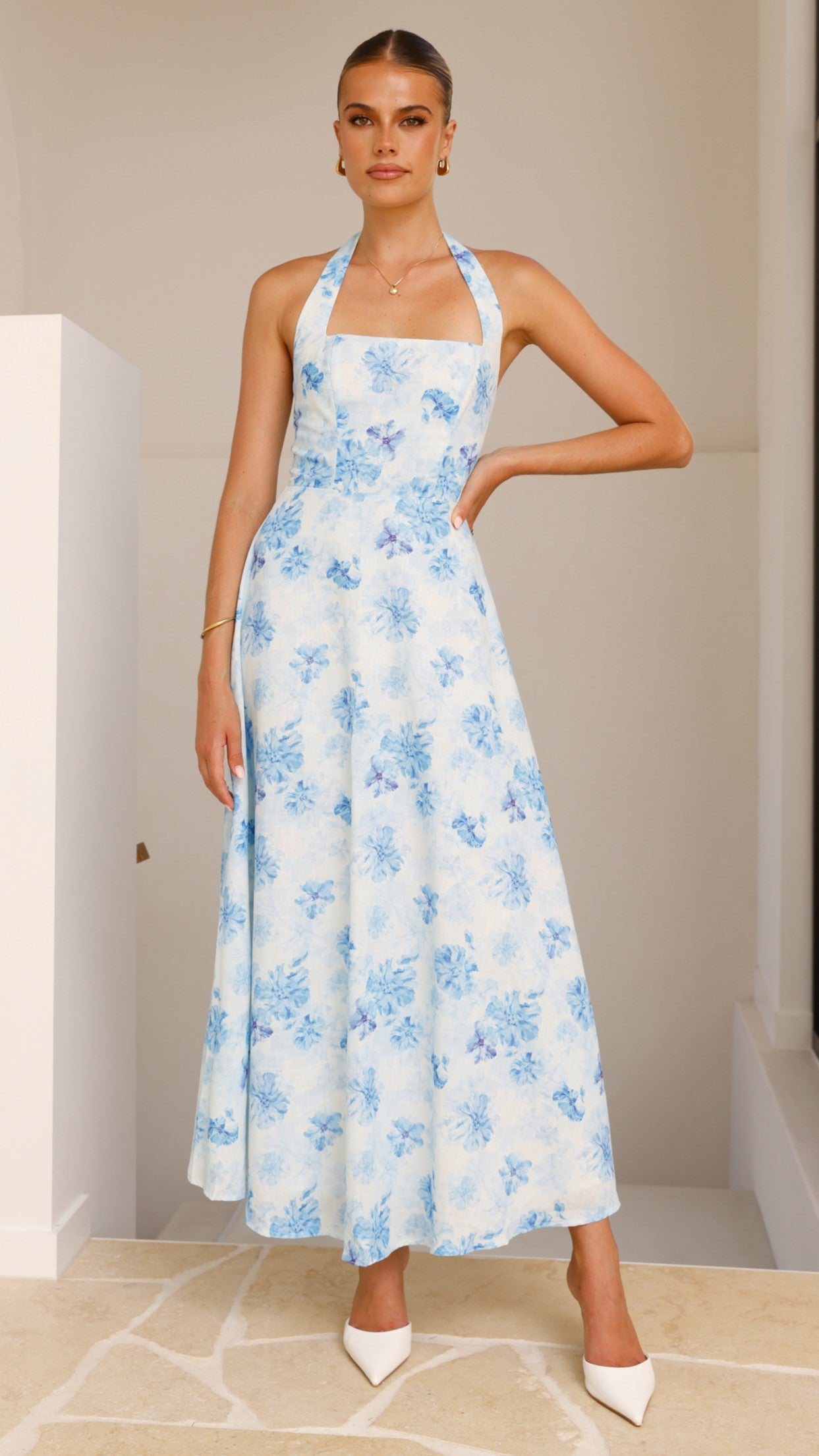 Mady Maxi Dress - Blue Floral Print Long Summer Dress for Women, Beach Vacation & Casual Outings