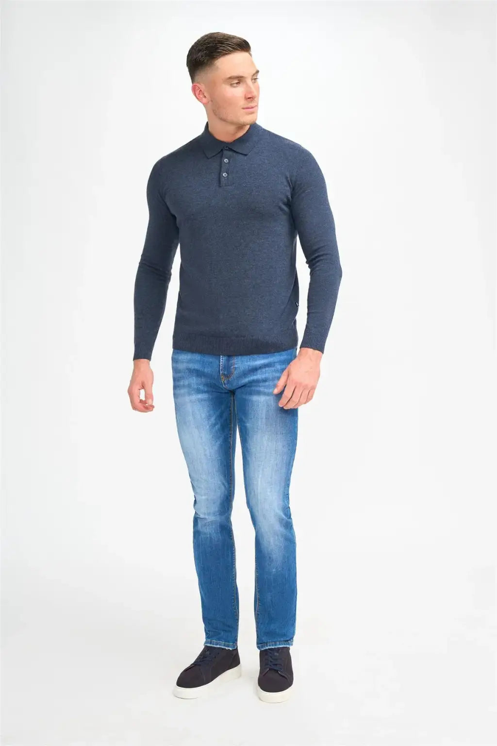 Cavani Men's Boom Plain Long Sleeve Polo Shirt - Classic Casual Slim Fit Button Down Collar Top for Business, Office & Outdoor Activities