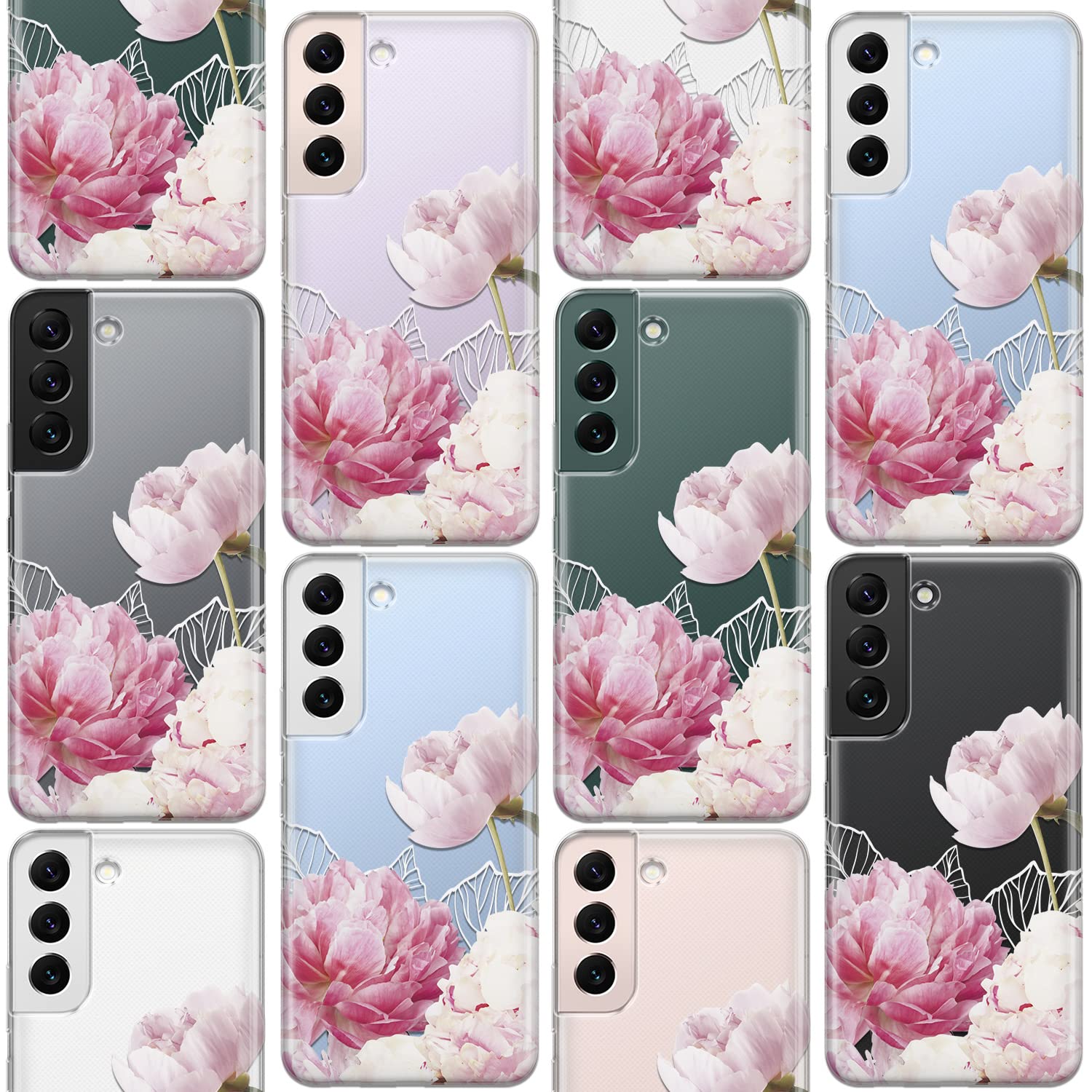 Shockproof Clear Floral Phone Case for Samsung Galaxy S24/S23 Ultra/S22+/S21 FE 5G/S20/Note 20/10 - Pink Peonies Blossom Design, Girly Transparent Bumper Cover | Perfect for Everyday Use, Work, and Special Occasions