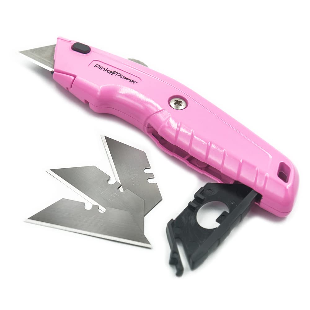 **Pink Retractable Utility Knife - Heavy Duty Box Cutter with 3 Blades & Storage Compartment - Carpet, Packaging & DIY Tool - Perfect for Women, Crafting & Home Use**