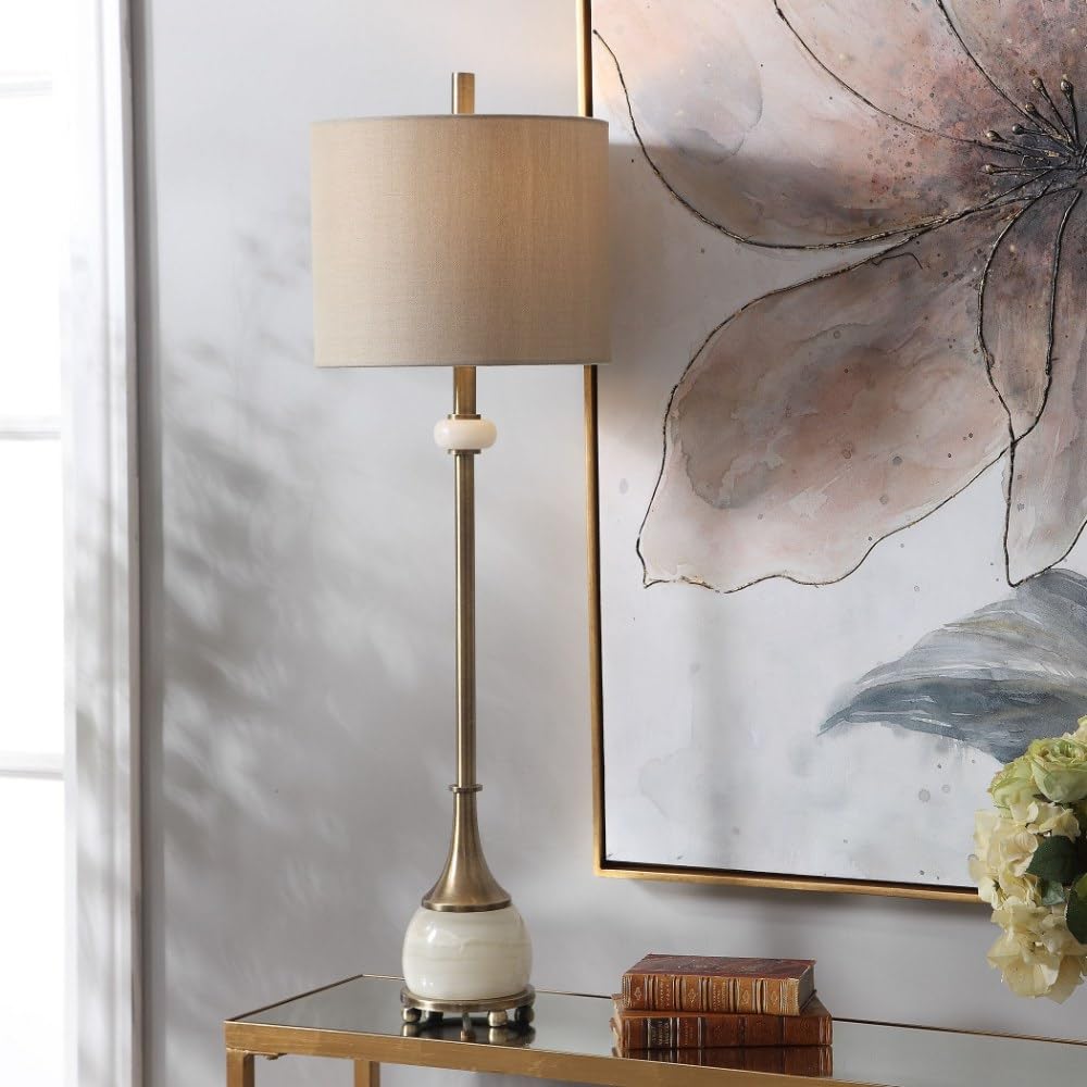 Contemporary Natania Plated Brass 1-Light Buffet Lamp - Elegant Dining Room & Entryway Lighting (208-Bel-3315171) - Perfect for Sideboards, Console Tables & Home Decor
