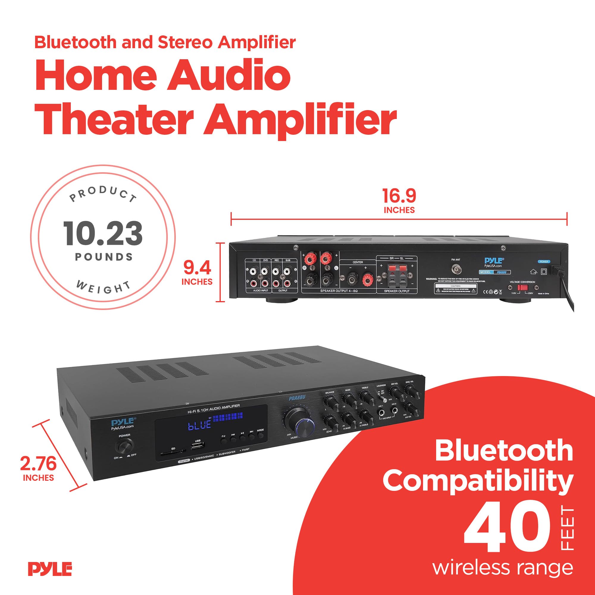 Pyle Wireless Bluetooth Audio Amplifier - 5 Channel Home Stereo Sound System with MP3/USB/SD/AUX/FM Radio - 1/4