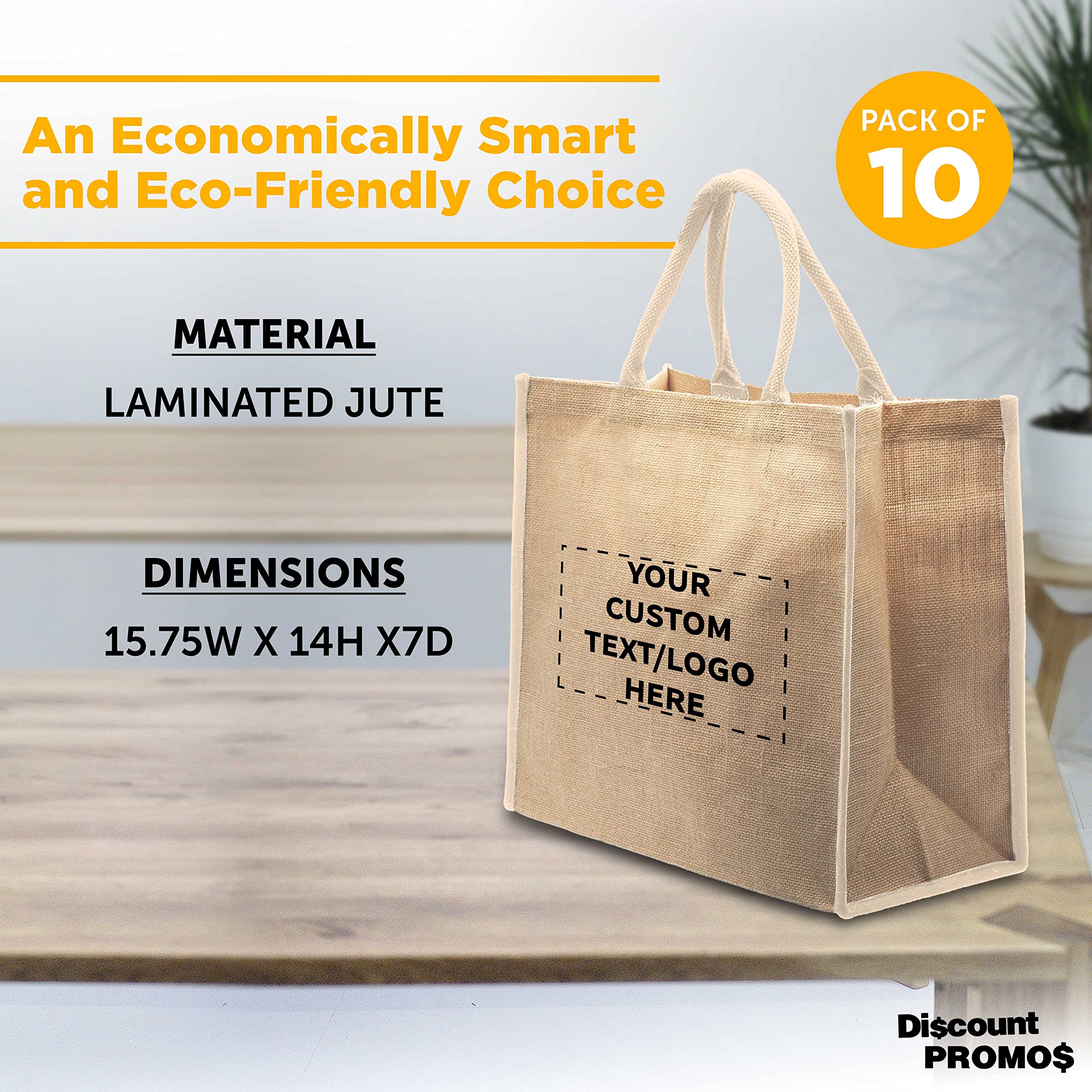 Custom Fresno Eco-Friendly Jute Tote Bags - Bulk Pack of 10 Personalized Reusable Shopping Bags for Tradeshows, Grocery & Outdoor Events - Light Beige Natural Fiber Bags for Sustainable Shopping & Promotional Giveaways