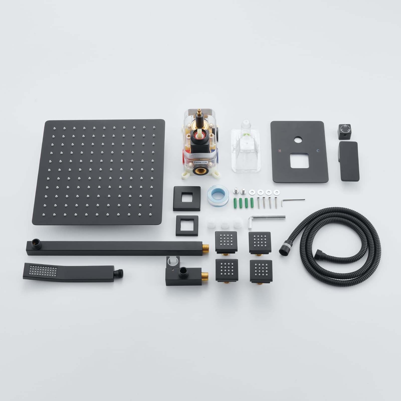 12 Inch Matte Black Rain Shower System with Body Jets - Powerful Rainfall Showerhead & Handheld Spray - Complete Concealed Mixer Valve Faucet Set for Luxurious Bathroom Upgrade | Perfect for Master Bath, Spa-Like Experience, Modern Home Renovation
