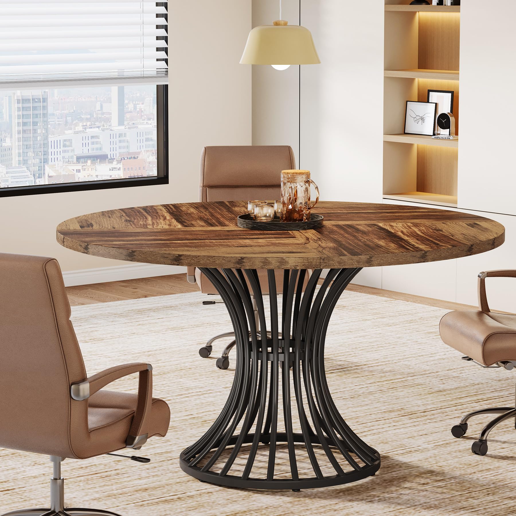 Tribesigns 47-Inch Round Conference Table for 4-6 People - Thickened Wood Tabletop & Sturdy Metal Base - Industrial Style Office Meeting Table in Rustic Brown - Perfect for Small Conference Rooms, Team Meetings & Collaborative Workspaces