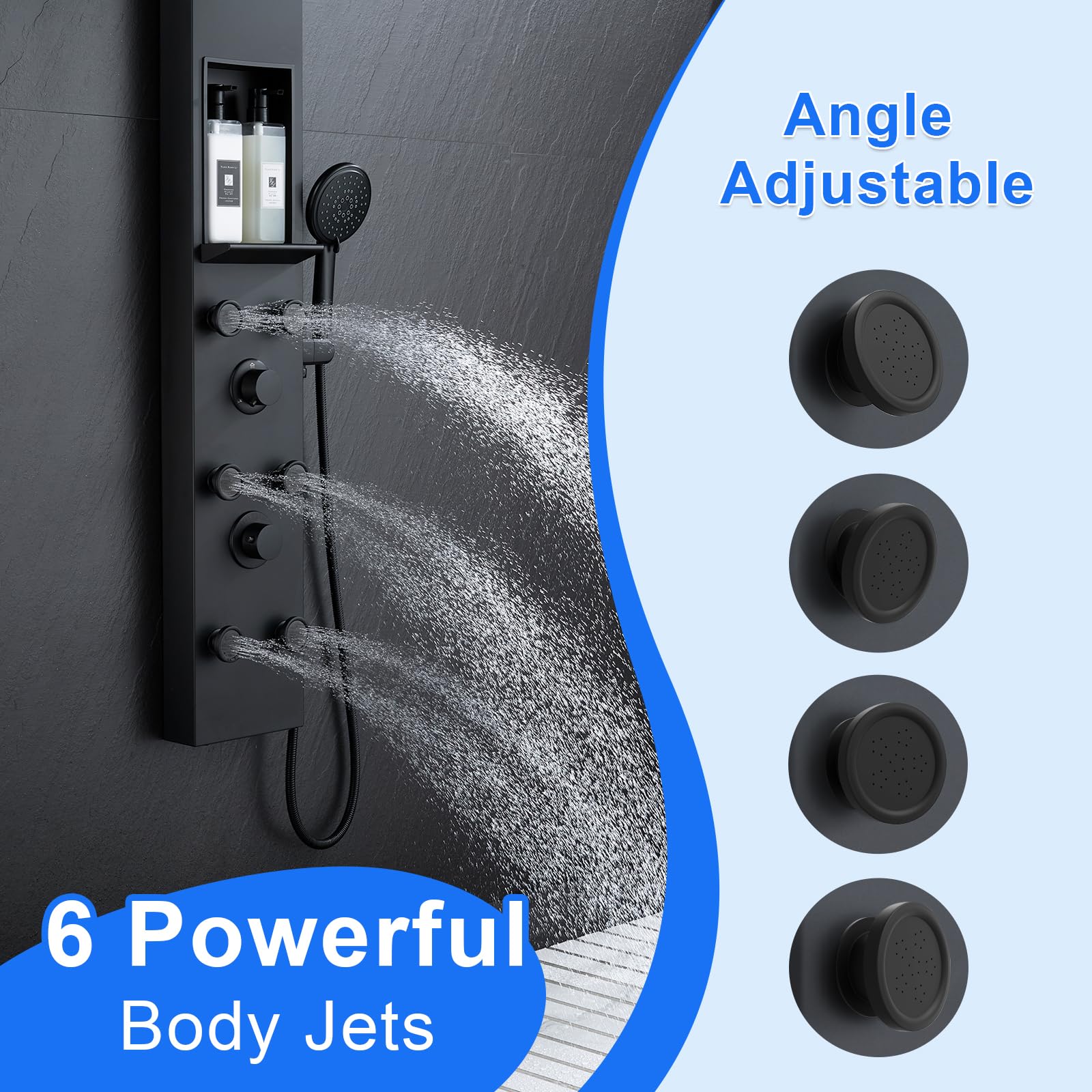 Premium Stainless Steel Shower Panel Tower System with Adjustable Height Rainfall Shower Head, 6 Body Massage Jets & Built-in Shelf - Modern Black Bathroom Shower Column for Spa-like Relaxation (Perfect for Master Bathrooms, Luxury Home Renovations & Hotel Style Showers)