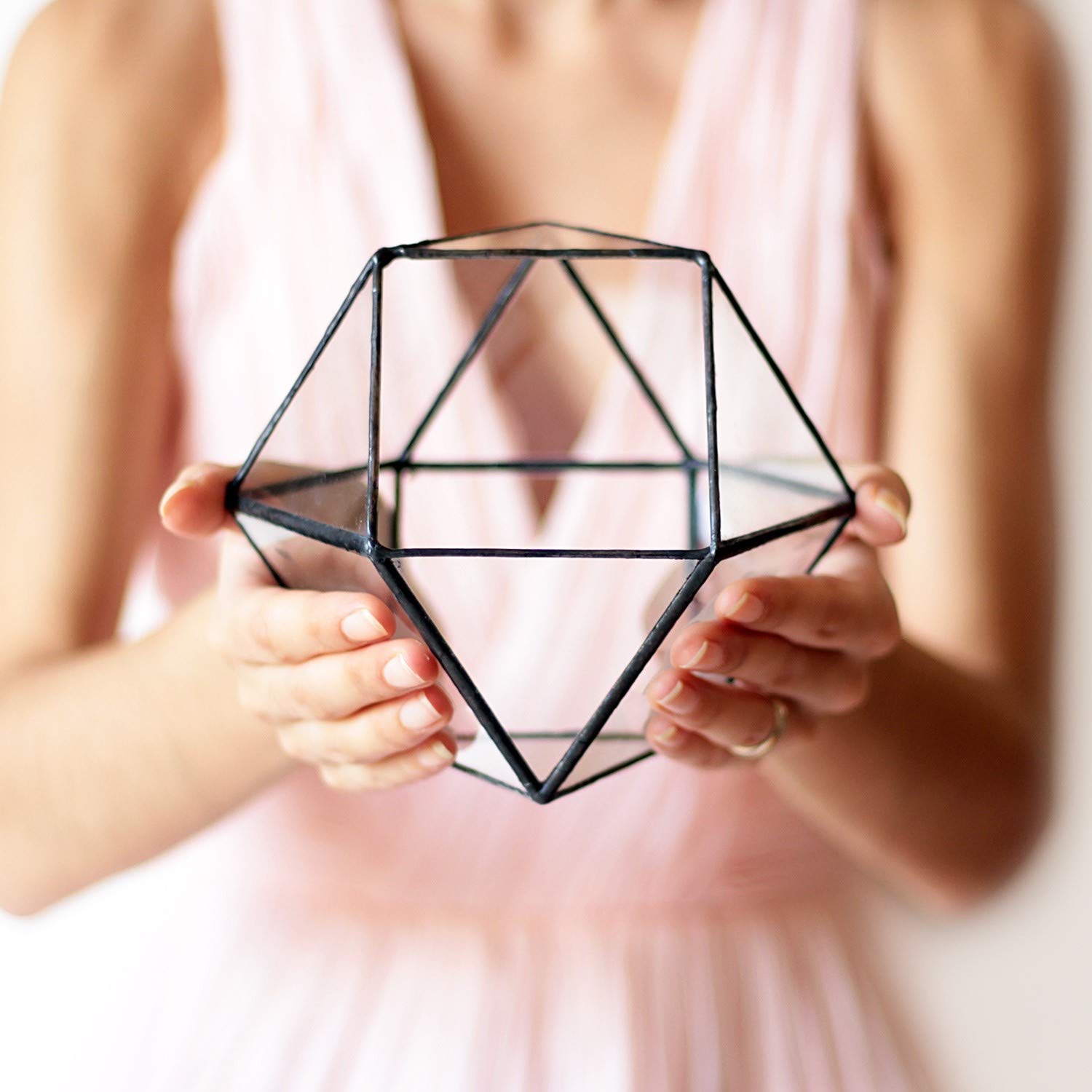 Small Glass Geometric Terrarium Container - Cuboctahedron Shape in Copper, Silver & Black | Perfect for Succulents, Air Plants & Miniature Gardens | Home & Office Decor