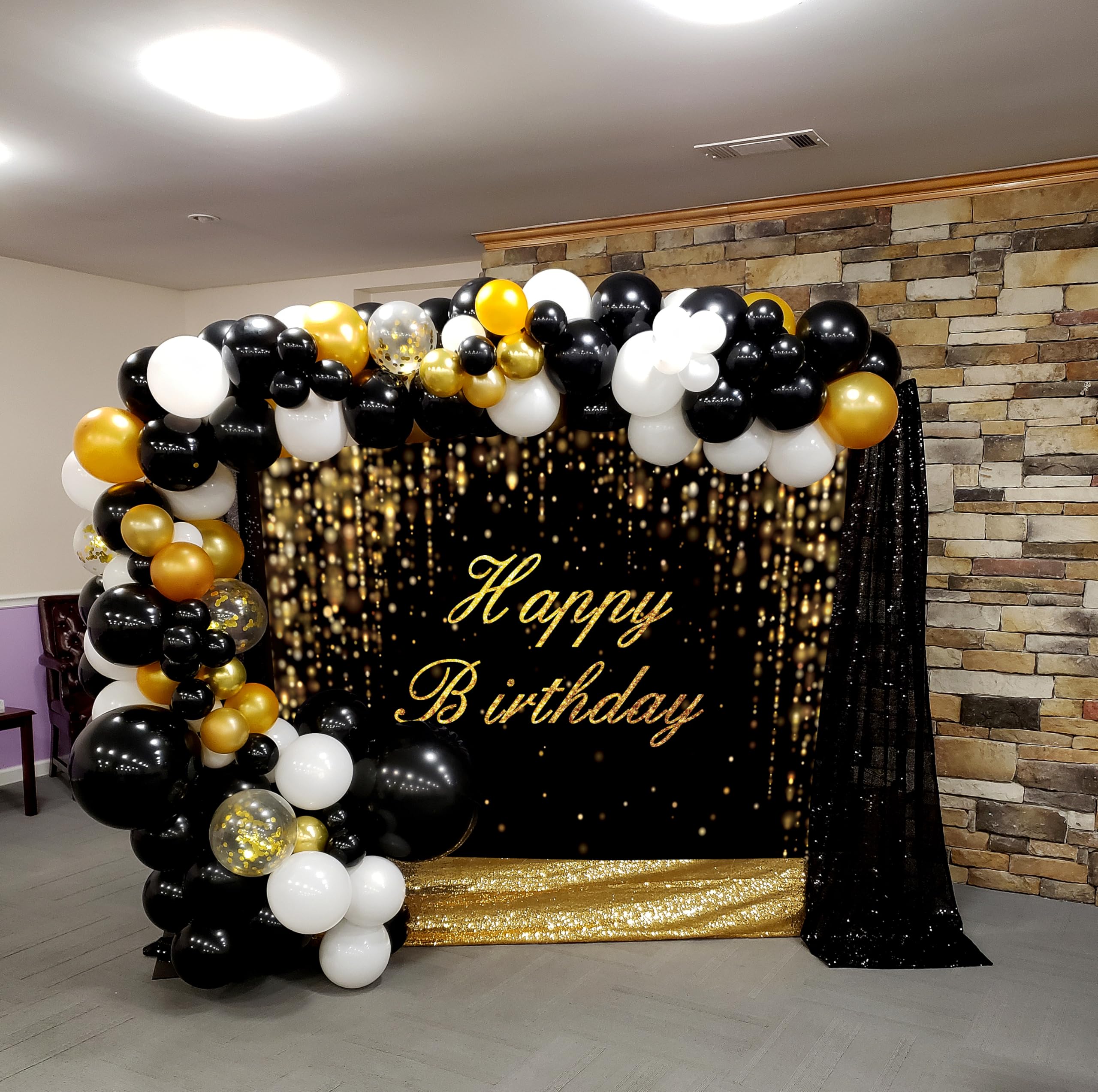 5x3ft Black & Gold Happy Birthday Banner Backdrop - Glitter Sequin Sparkle Photography Background for Party Decor, Cake Table, Photo Studio Props - Perfect for Birthday Celebrations, Baby Showers & Special Events