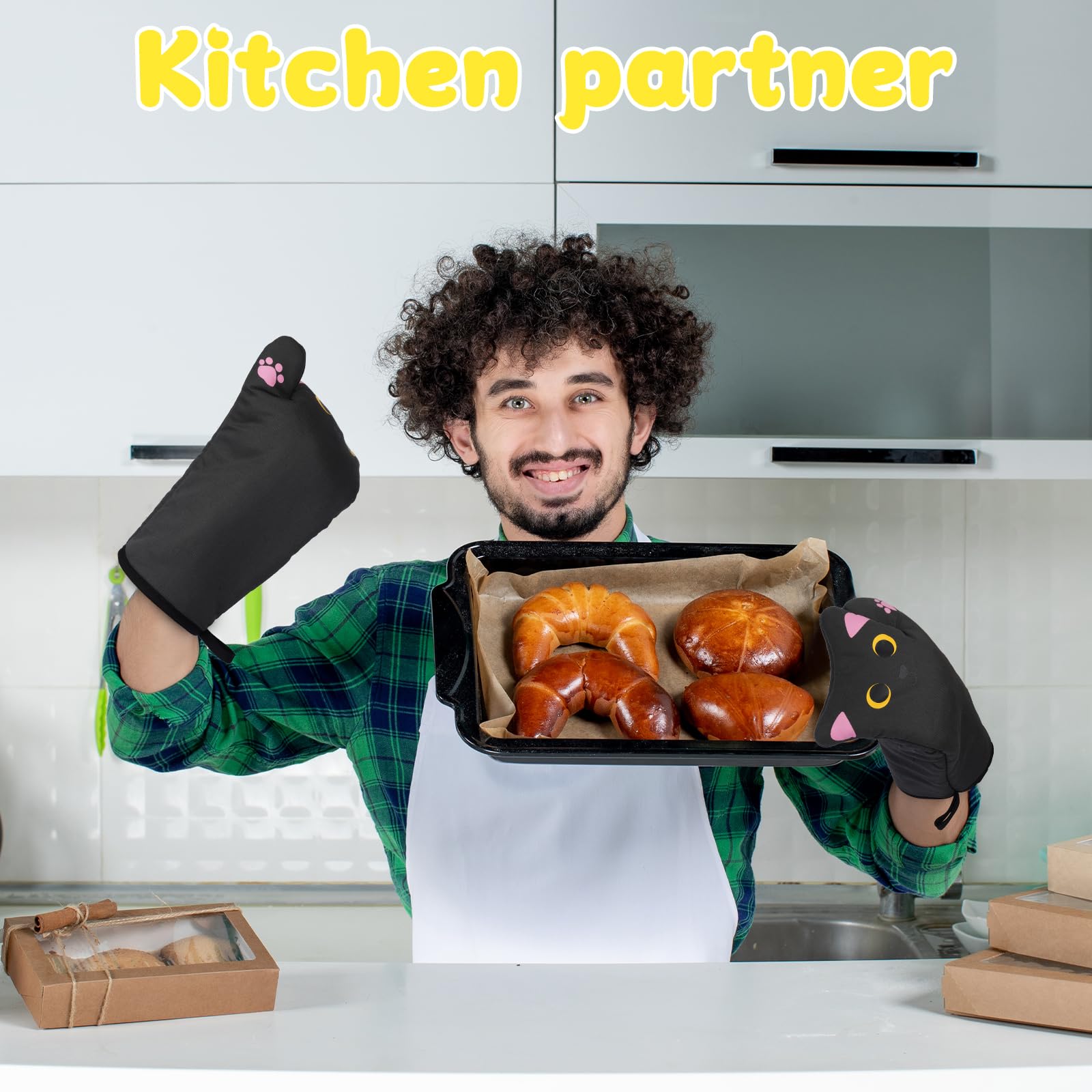 Heat Resistant Oven Mitts and Pot Holders Set - Cute Cat Design Cooking Gloves with Quilted Cotton Lining for Baking, Grilling & Microwave Use - Perfect Kitchen Gift for Mom & Housewarming (Black) - Ideal for Holiday Cooking, BBQ Parties & Home Kitchen Safety