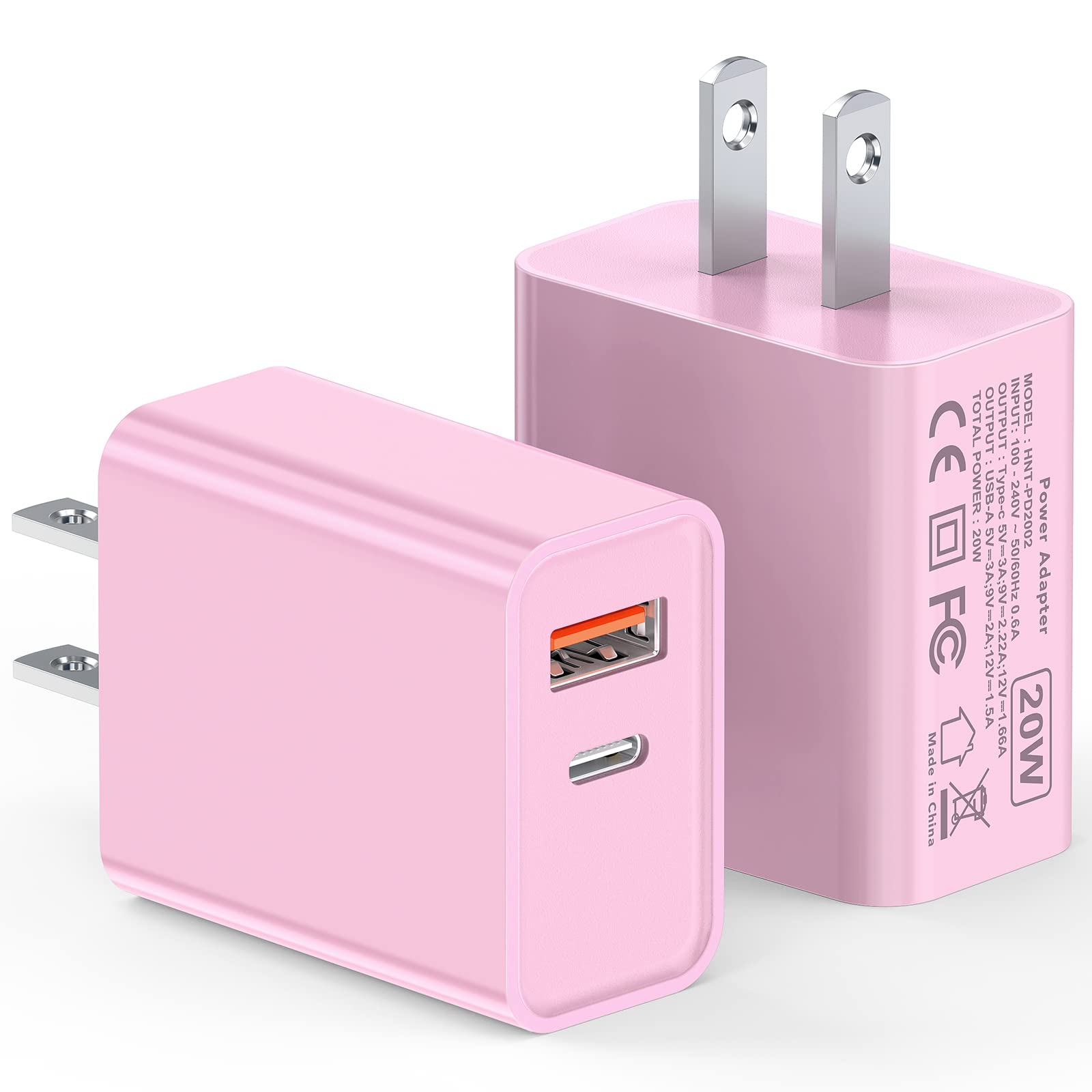 20W USB-C Fast Charger [2 Pack] - PD & QC3.0 Dual Port Wall Charger for iPhone 15/14/13, iPad, Samsung Galaxy S23/S22, PS5 - Compact Power Brick for Home, Office & Travel (Pink)