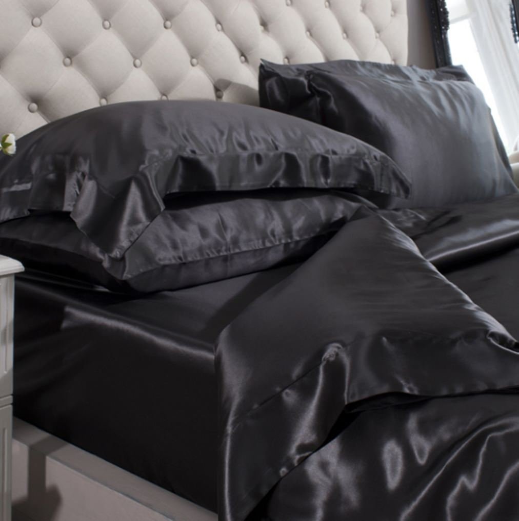 Angel's Bedding Ultra Soft Luxurious Silk-Like Satin 5-Piece Comforter Set (Comforter, Flat Sheet, Fitted Sheet & 2 Pillowcases) - Durable & Comfortable California King Size Bedding in Black - Perfect for Master Bedrooms, Guest Rooms & Luxury Hotels