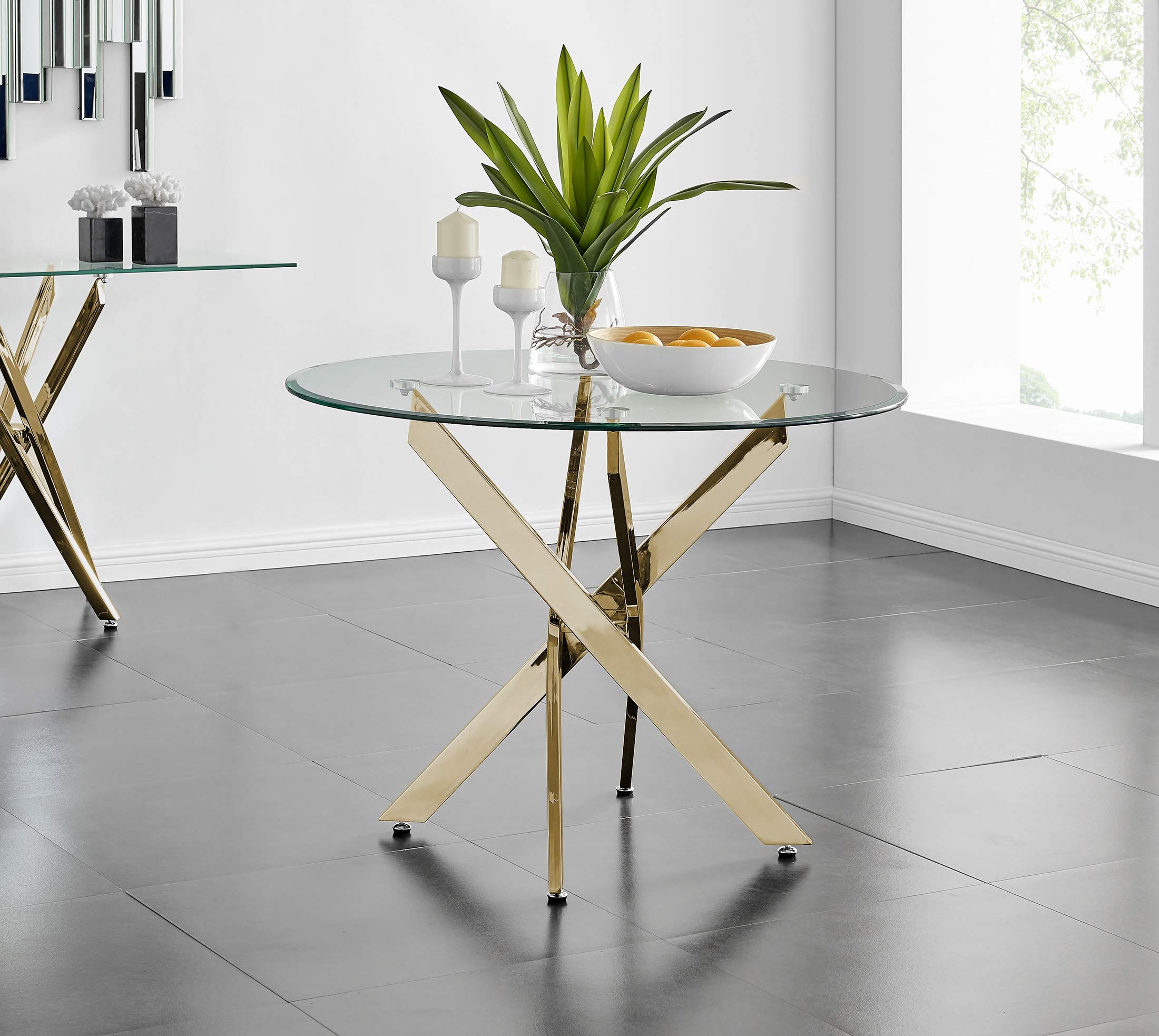 Novara Modern Round Glass Dining Table with Gold Chrome Legs - Elegant & Practical Dining Room Furniture for Small Spaces & Contemporary Homes - Perfect for Dinner Parties & Family Gatherings