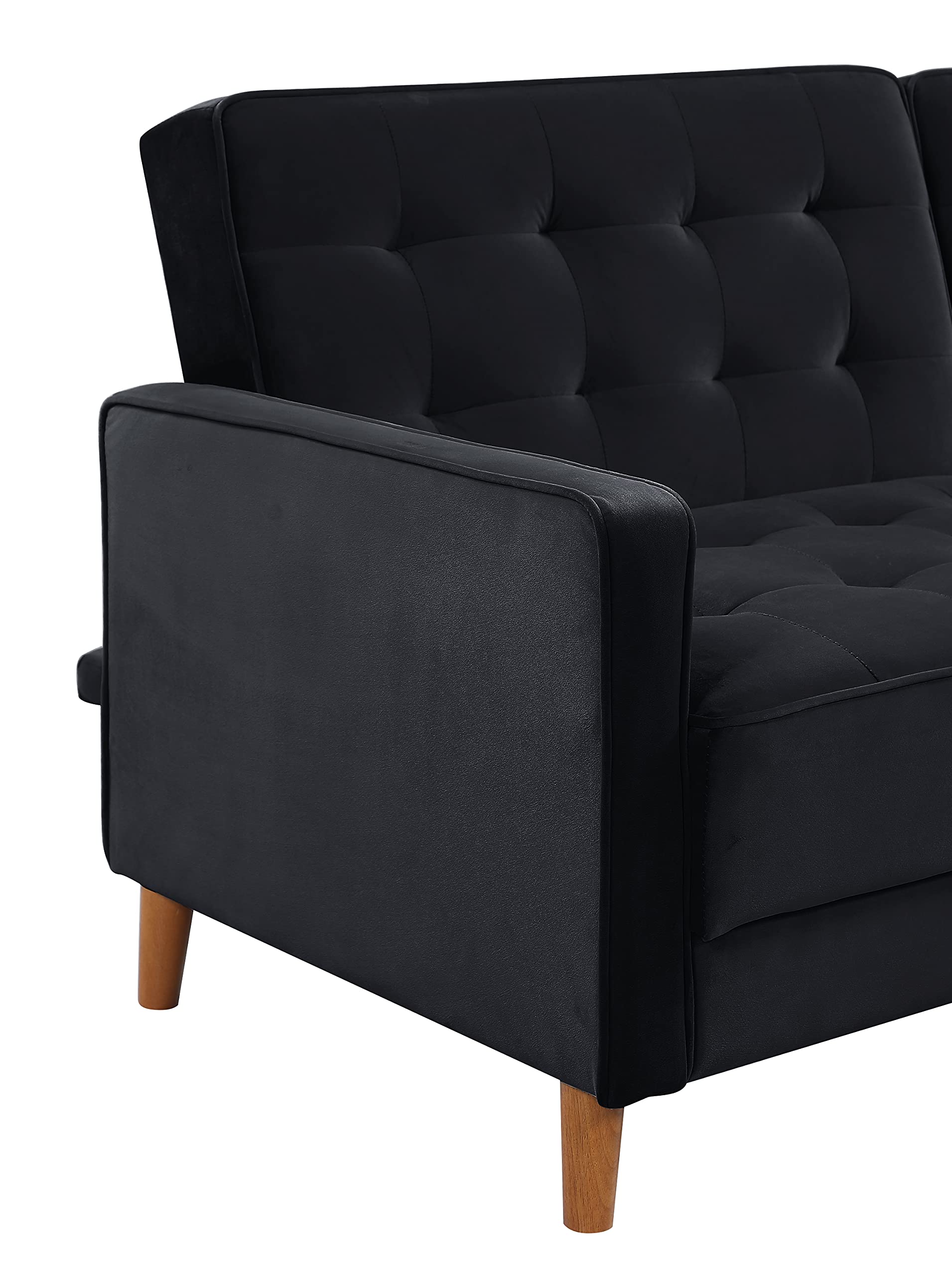 Velvet Sofa Bed - Convertible Mid Century Modern Sleeper Loveseat with Square Arms, Upholstered Recliner Couch for Small Spaces | Perfect for Home, Living Room, Studio Apartments & Guest Rooms (Black)