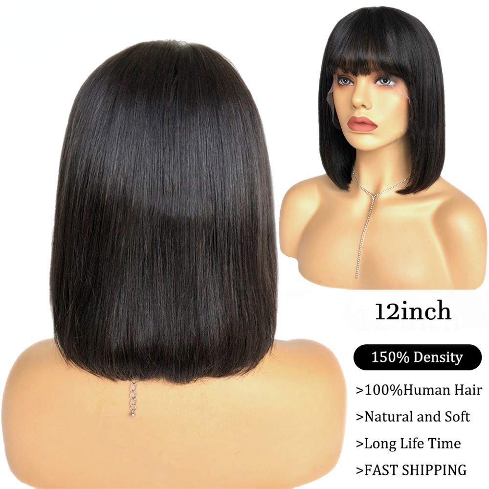 150% Density Human Hair Lace Front Wigs with Air Bangs - 10 Inch Bob Thick Straight Natural Color Lace Wig for Black Women | Perfect for Daily Wear, Parties & Special Occasions
