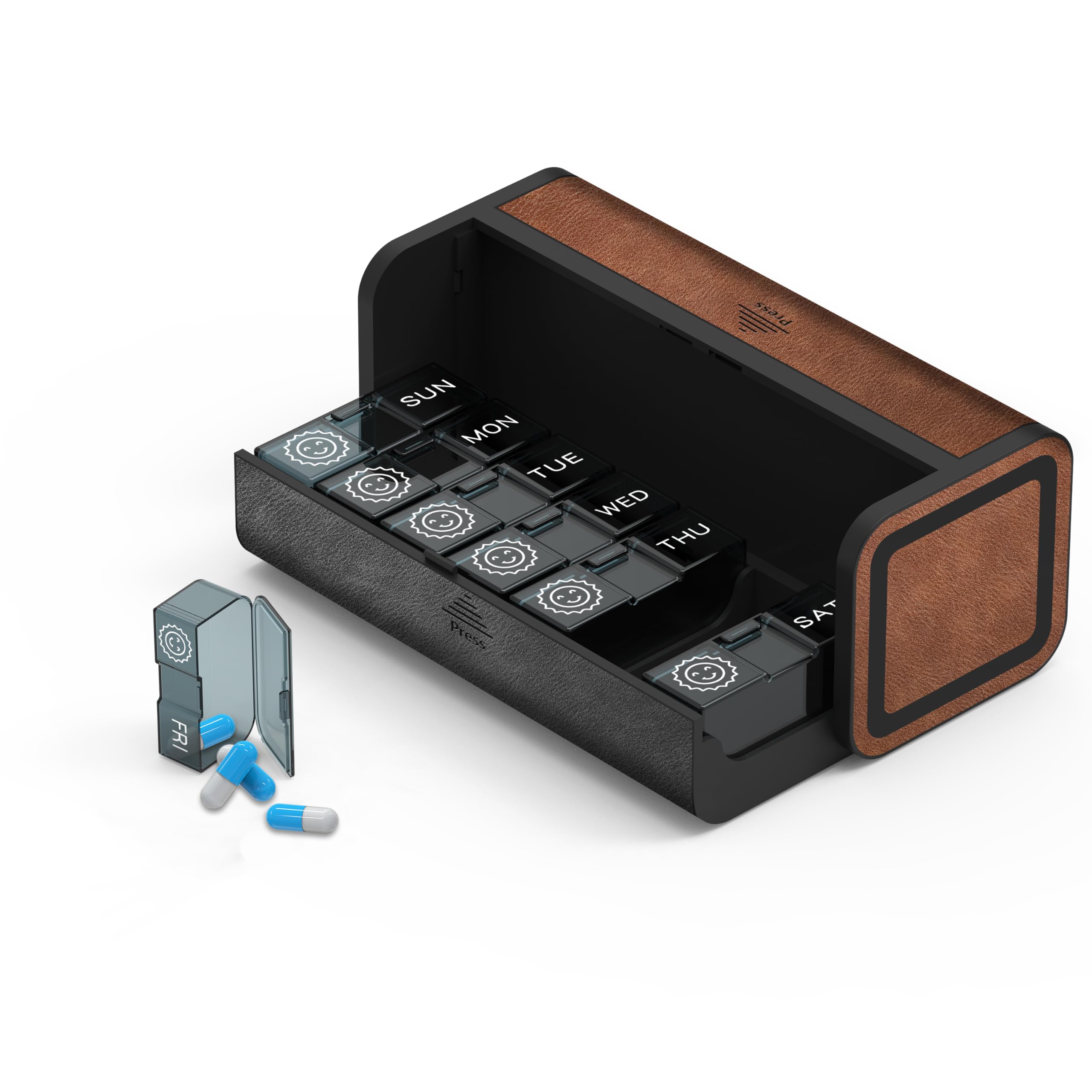 7-Day AM/PM Weekly Pill Organizer - Large Travel Pill Box with Removable Compartments for Vitamins & Medicine (Black & Brown) - Perfect for Daily Medication, Travel & Elderly Care