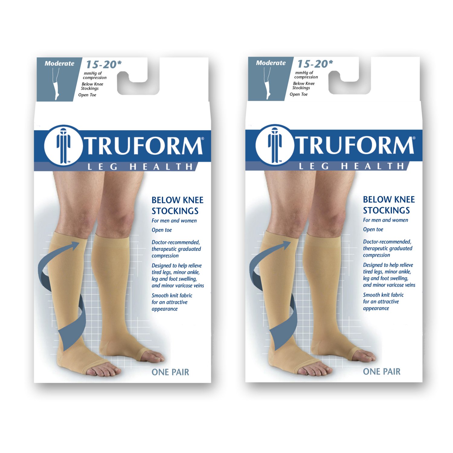 Truform 15-20 mmHg Open Toe Compression Stockings Knee High Beige - X-Large (2-Pack) for Women & Men - Ideal for Circulation Support, Varicose Veins & Post-Surgery Recovery