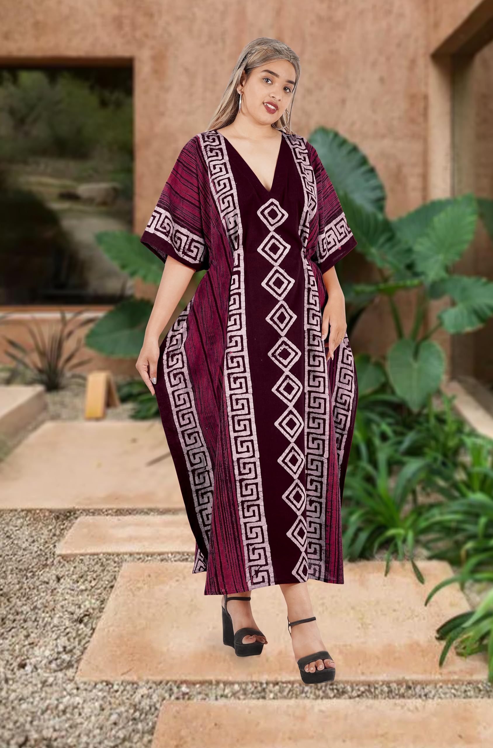 LA LEELA Women's Kaftan Maxi Dress - Loose Fit Bohemian Beach Cover Up, Summer Casual Long Dress with Pockets for Vacation, Pool Party & Lounge Wear