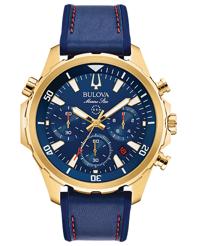 Bulova 97B168 Men's Blue Marine Star Chronograph Leather Strap Watch – Waterproof, Durable for Swimming, Diving & Outdoor Activities