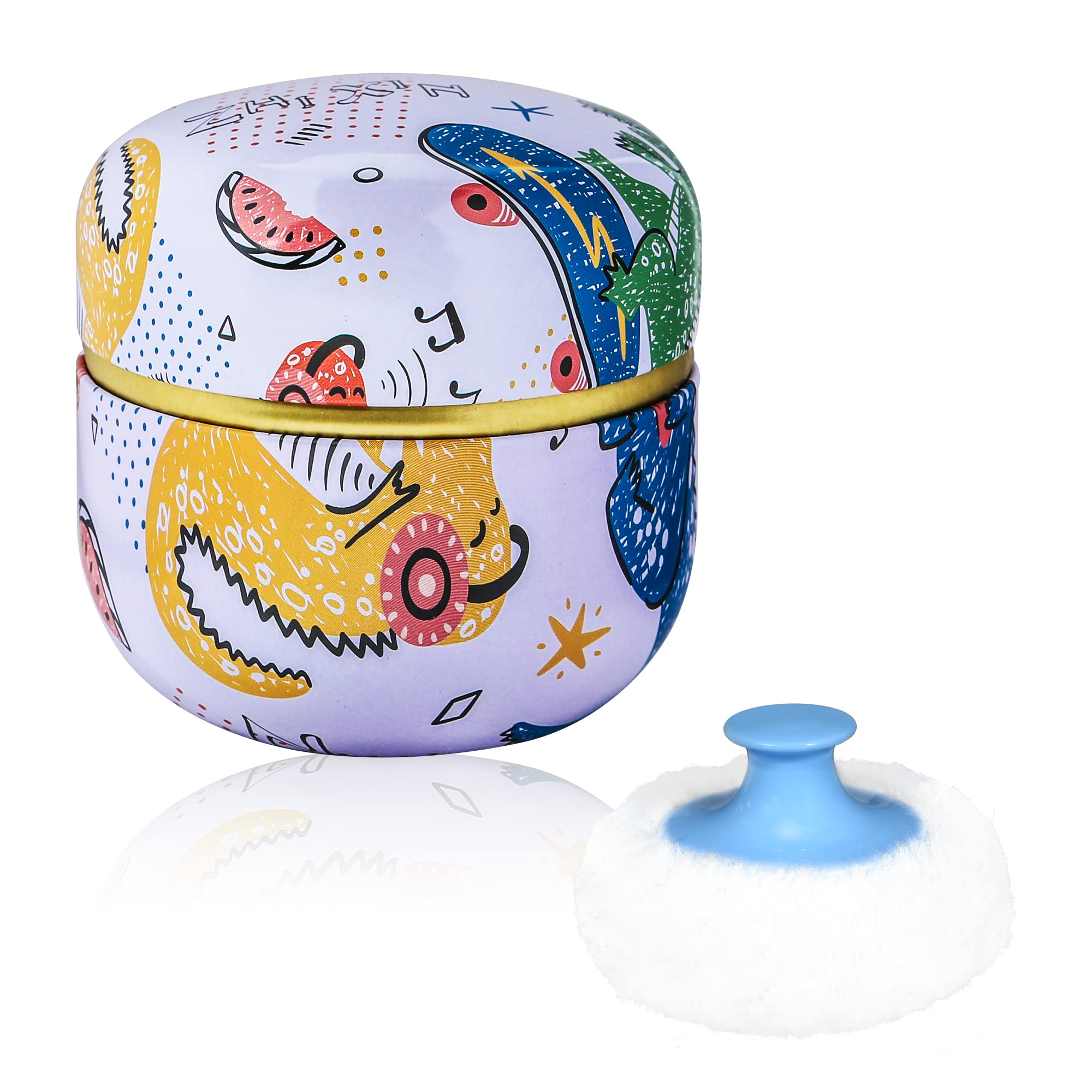 WEMEGA Travel Body Powder Case with Powder Puff - Portable Powder Container for Women & Baby - Compact Tea Box Design - Dinosaur Pattern - Perfect for On-the-Go, Gym, and Diaper Bag Essentials