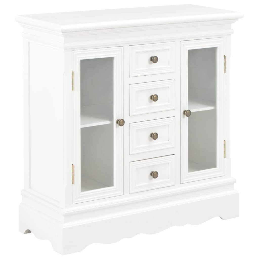 VidaXL White Solid Pine Wood Buffet Cabinet - Vintage Casual Dining Room Server with 4 Drawers & 2 Glass Doors - 27.6x11x27.6 Inch Kitchen Storage Sideboard - Perfect for Dining Room Organization & Entertaining Guests