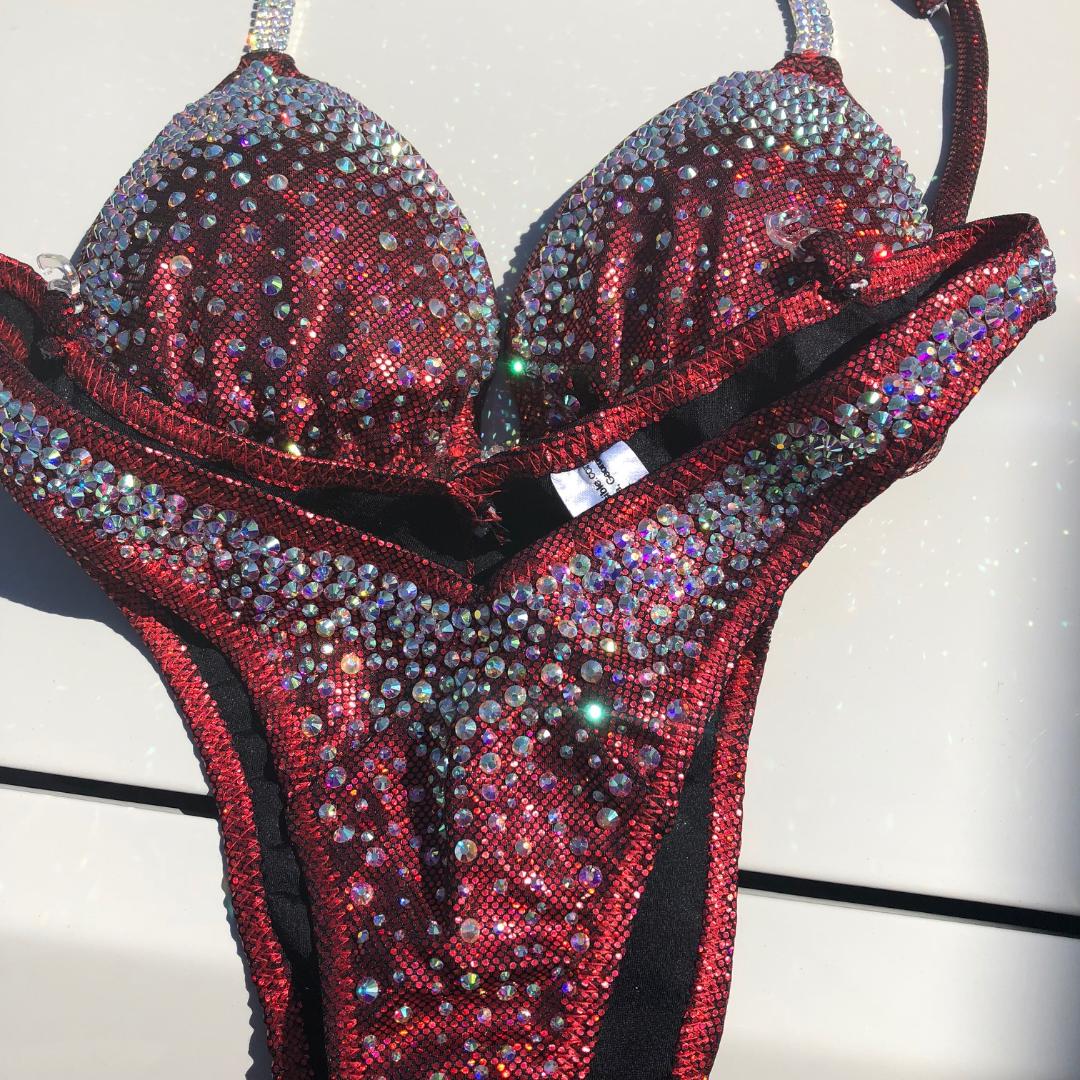 Red Crystal Bikini Set with Clustered Stones - Front & Back Physique Swimsuit for Beach, Pool & Photo Shoots | Sexy Figure Posing Suit