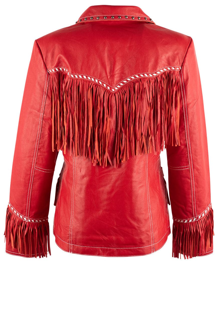 Cripple Creek Cardinal Red Fringe Jacket for Women | Western Style Denim Coat with Tassels | Perfect for Country Music Festivals & Rodeo Events
