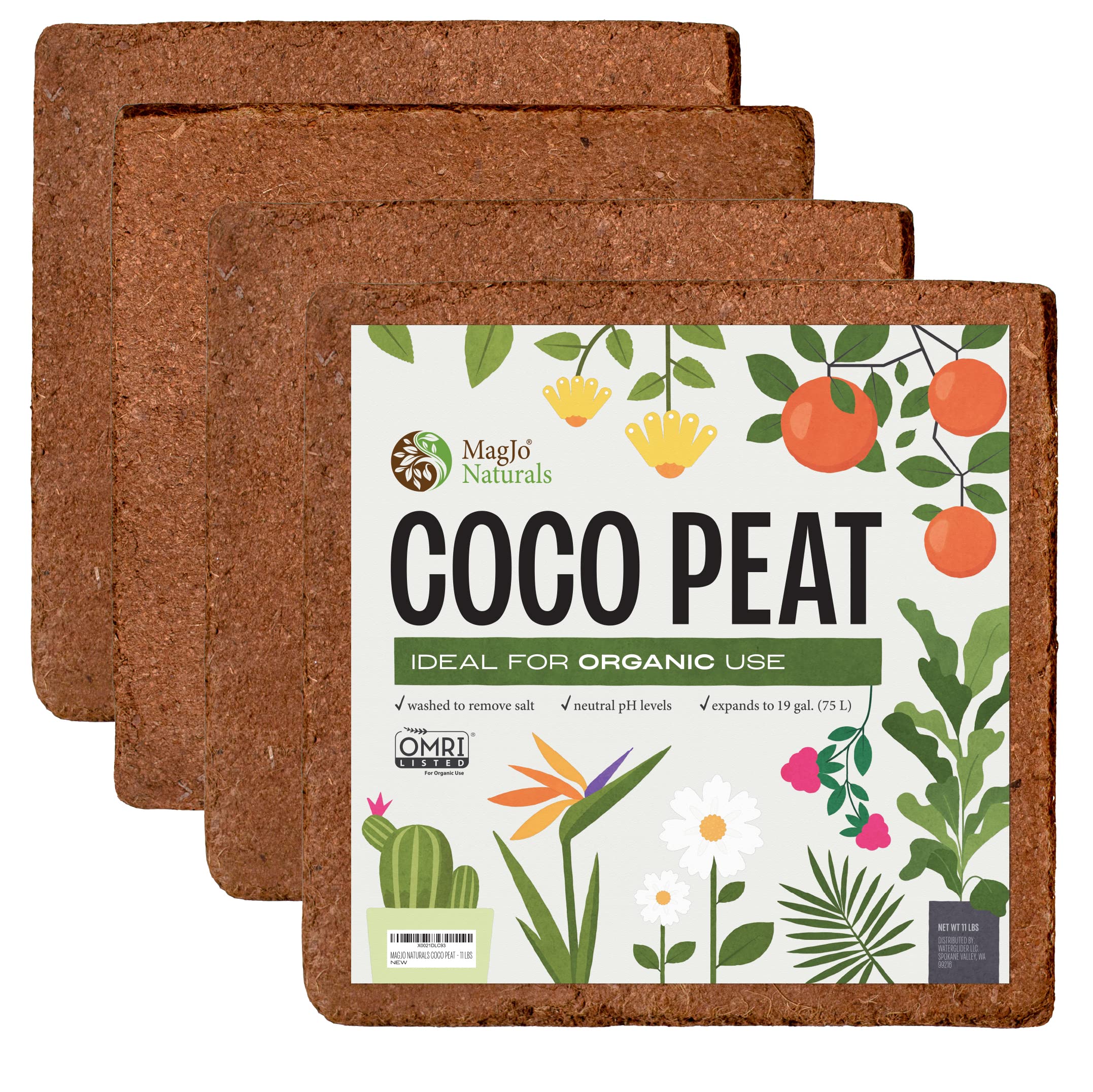 MagJo Naturals 100% Pure Coconut Coir 4-Pack (44 lbs) - Organic Coco Peat for Gardening with Low EC & pH Balance | High Expansion Coco Fiber for Herbs, Flowers & Planting | Ideal for Hydroponics, Seed Starting & Container Gardens