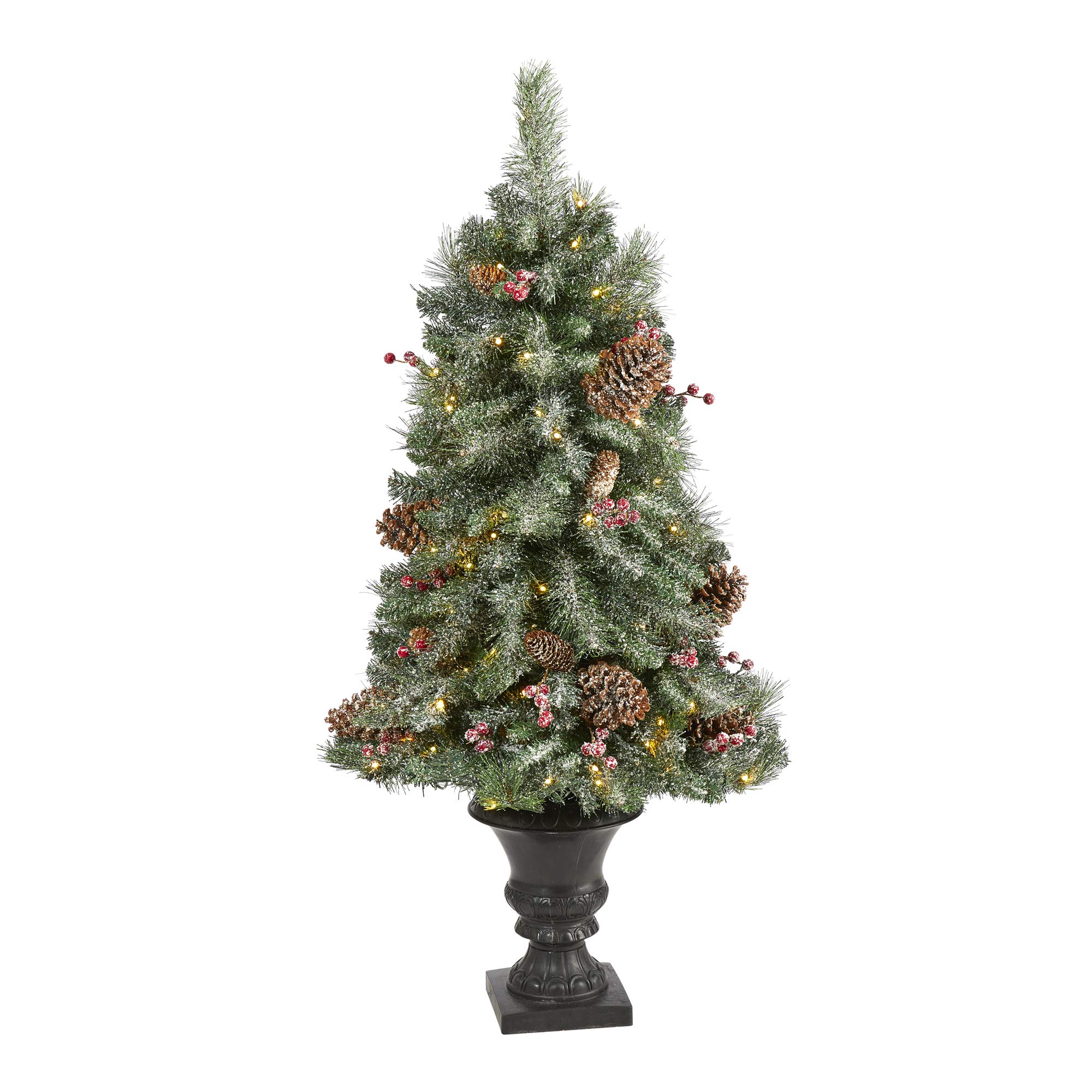 Nearly Natural 4ft Frosted Pine Artificial Christmas Tree with Pinecones, Berries & 100 Clear LED Lights in Decorative Urn - Perfect for Holiday Home Decor, Office & Festive Party Decoration